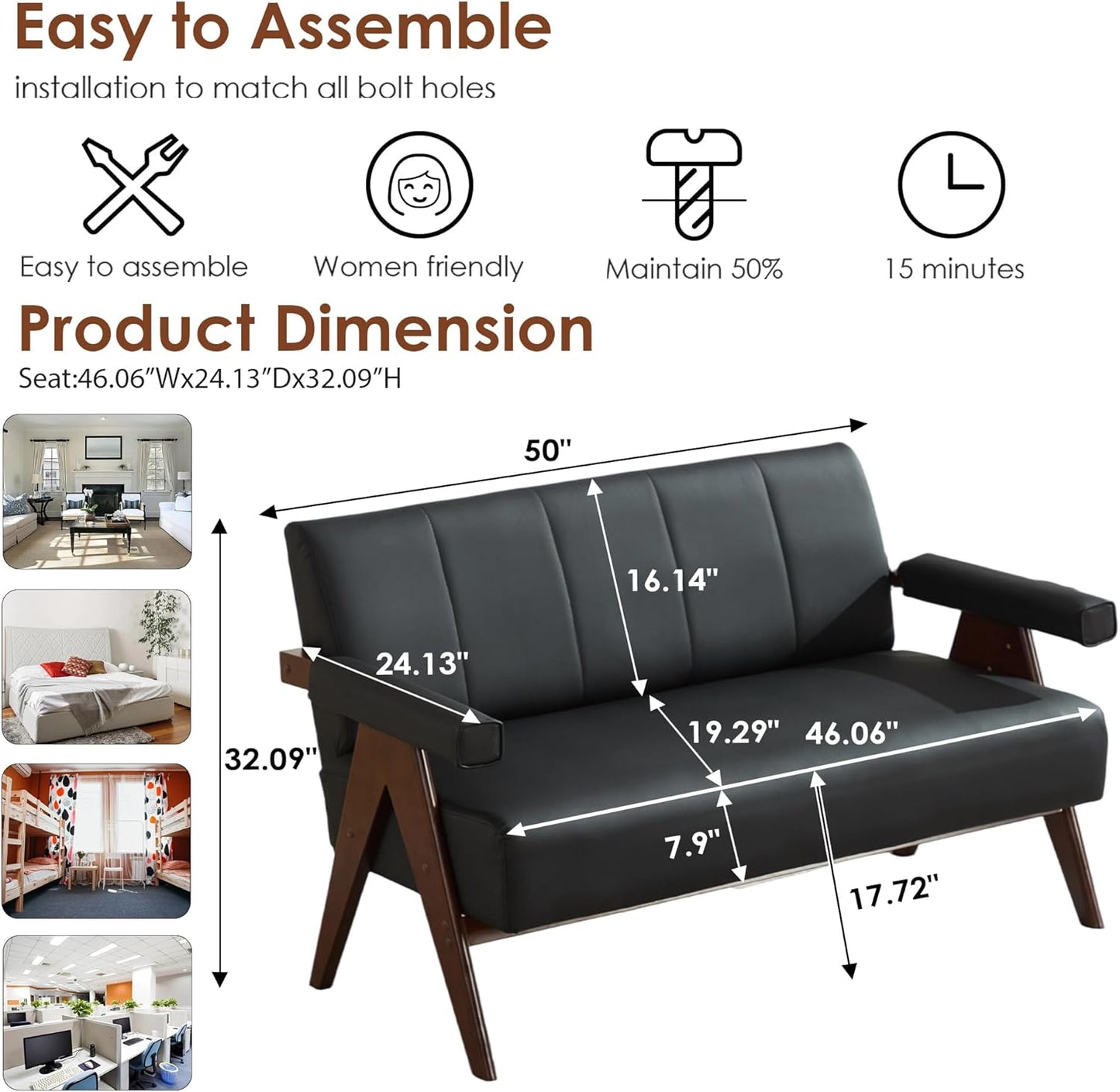 STHOUYN 50" Black Faux Leather Sofa Couch, Small Comfy Office Loveseat with Back, Mid Century Modern Wooden Love Seat Bench Waiting Room Furniture Couches for Living Room, Bedroom