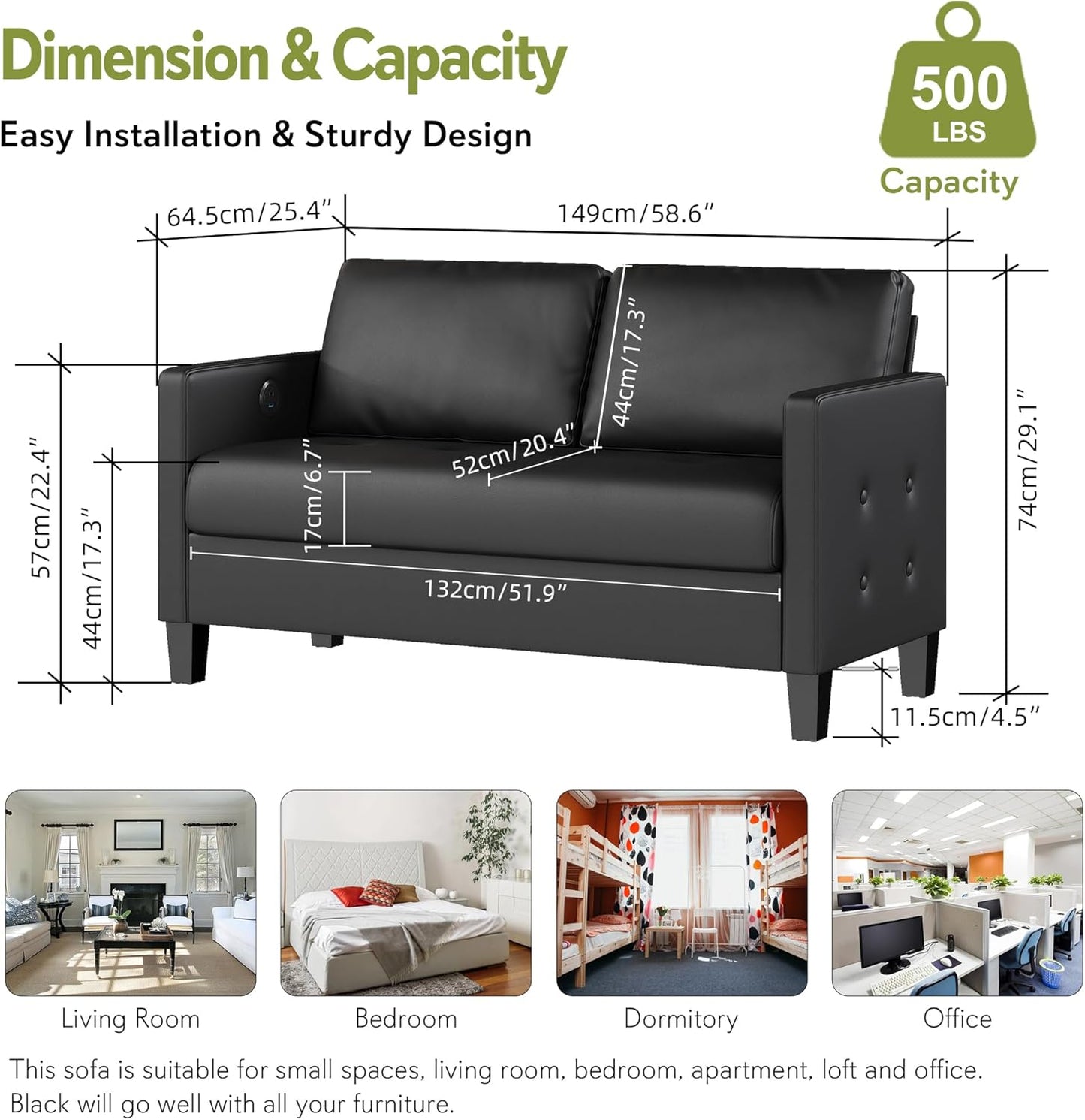 STHOUYN 59" Black Faux Leather Sofa Couch, Modern Comfy Office 2 Seater Couch Loveseat with Tufted Armrest and USB, Small Love Seat Couches for Living Room, Apartment, Bedroom