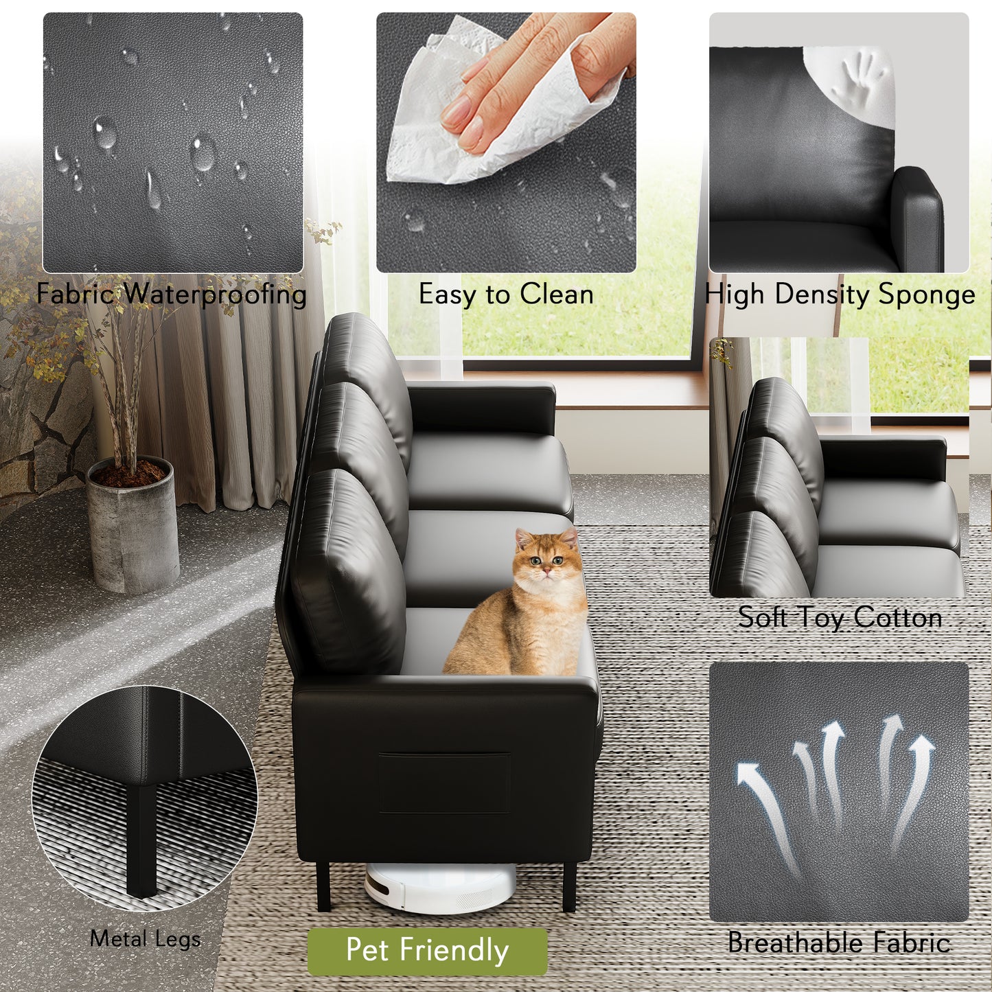 STHOUYN Modern 3-Piece Living Room Set, 72" Black Faux Leather Couch 56" Loveseat with USB Ports, Small Couch and Chair Set for Small Space, Apartment, Office (Black, 1 Chair + 1 Loveseat + 1 Couch)
