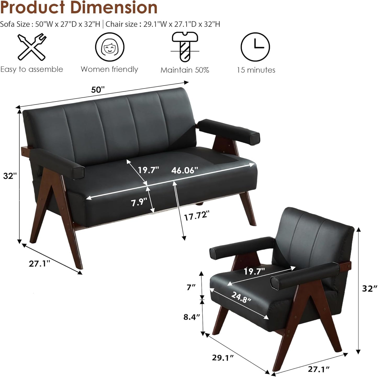 STHOUYN Black Leather Loveseat Sofa and Accent Chair, Mid-Century Modern Office Furniture Couch and Chair Set, Small Love Seat Couches with Wood Arm, 2 Pieces Living Room Furniture Sets (2)