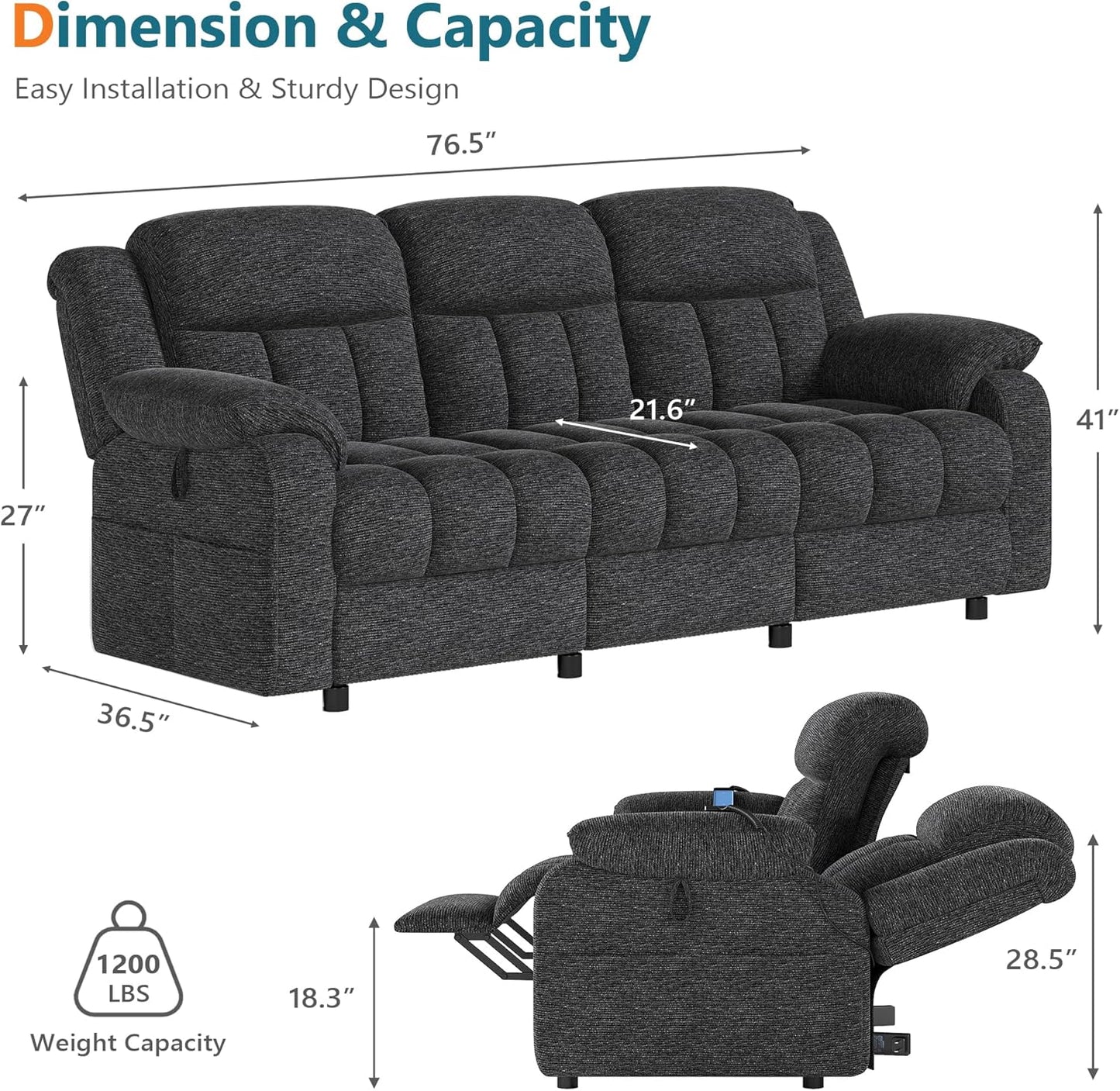 STHOUYN Electric Recliner Sofa Couch, Power Reclining Sofa Loveseat with Pockets & Adjustable Backrest, Comfy Chenille Upholstered 3 Seater Couch for Living Room, Home Theater (Grey)