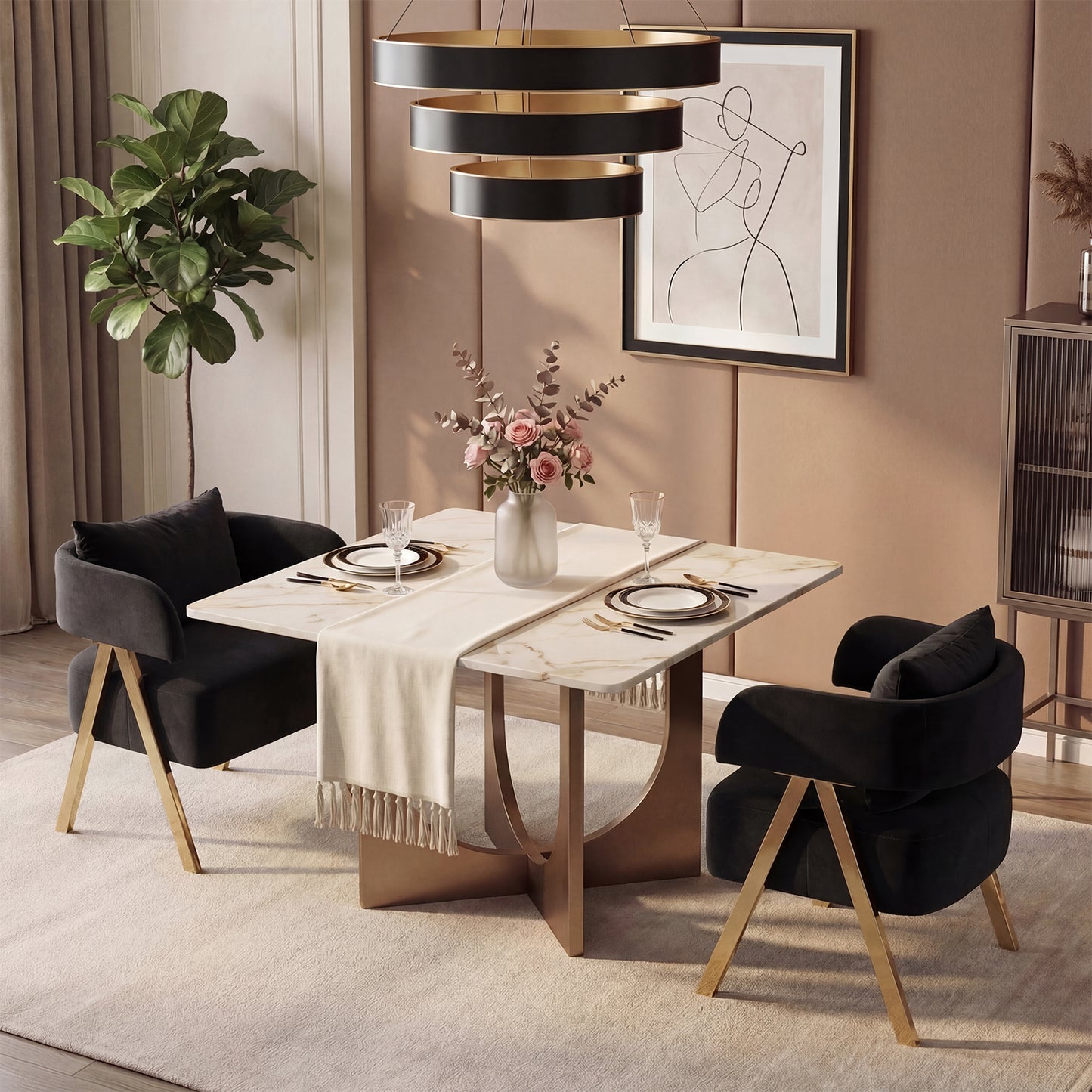 STHOUYN Modern Black Dining Chairs Set of 2 for Kitchen, Velvet Upholstered Kitchen Chairs for Dinning Room, Barrel Chairs for Dining Table with Golden Metal Legs (Black, 2 PCS)