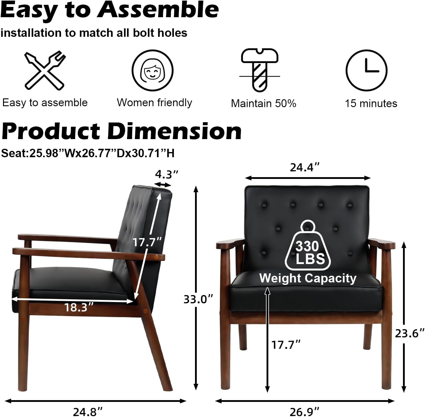 STHOUYN Black Leather Accent Chairs Set of 2, Waiting Room Chairs with Wood Arms, Office Guest Arm Chair, Mid Century Modern Living Room Chair (2, Black)