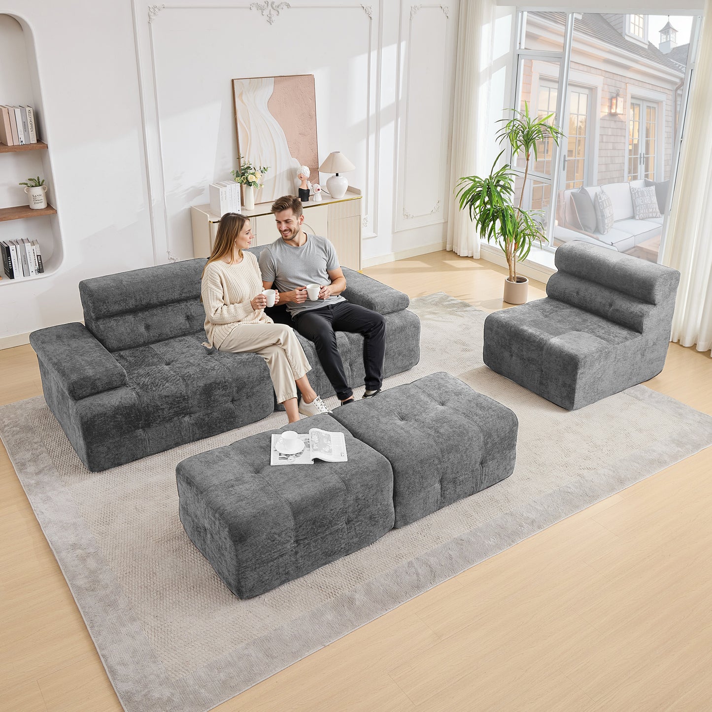 STHOUYN 134" Modular Cloud Sofa Sectional U Couch with Ottoman & Higher Backrest, Modern Boneless Couches for Living Room Set Corner Sofa (Grey, 134 Inches)