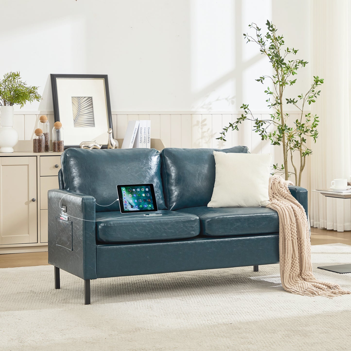 STHOUYN 57" W Faux Leather Loveseat w/ 2 USB, Small Loveseat Sofa w/Side Pockets, Wooden Frame Small Couch w/Metal Legs, Office Mini Couch for Dorm, Bedroom, Appartment (Blue, 2 Seater)