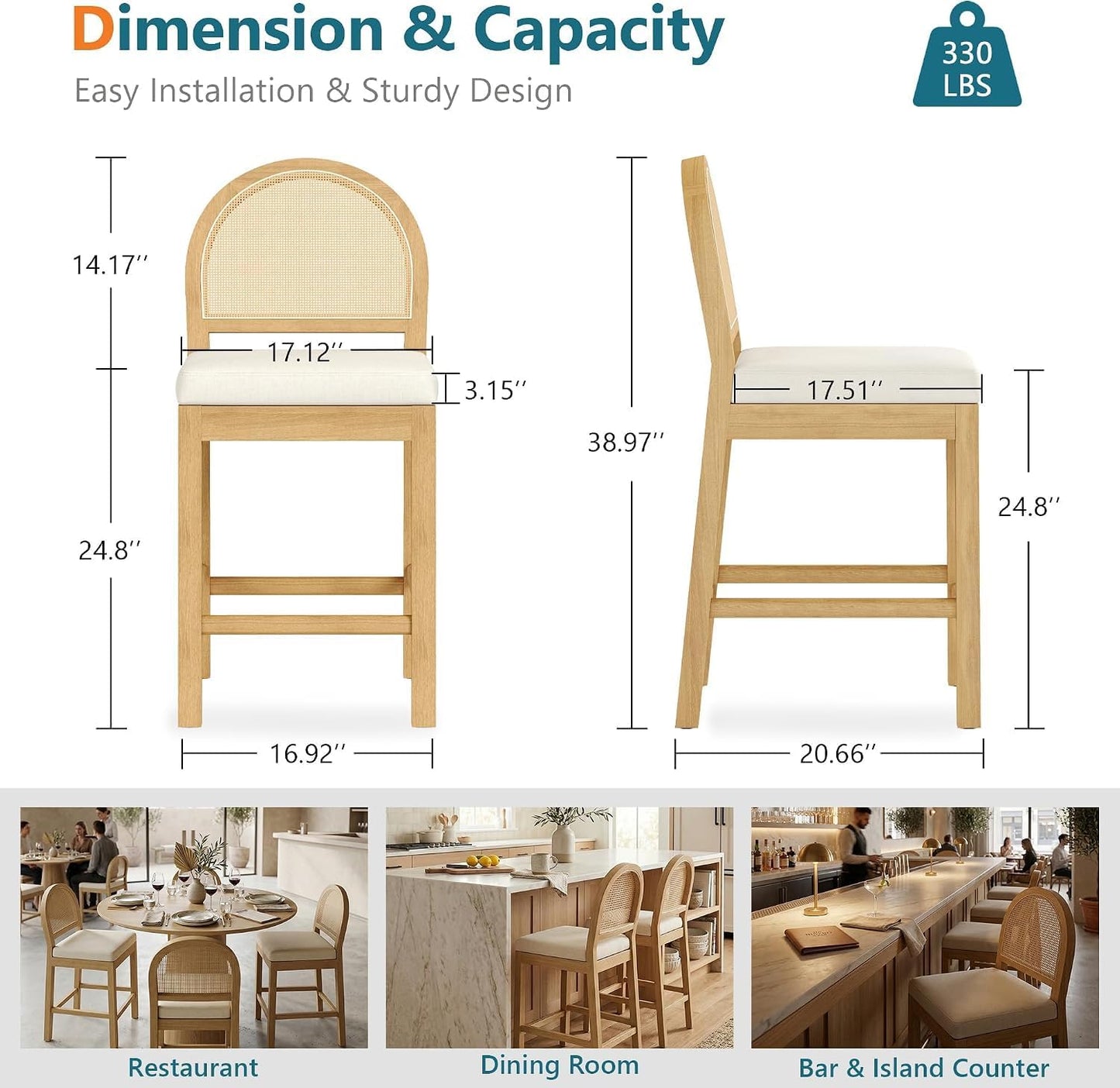 STHOUYN Upholstered Rattan Bar Stools Set of 4, Wooden Island Chairs, Cream White
