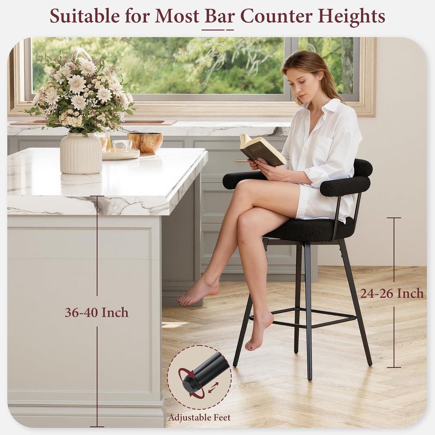 STHOUYN 26” Swivel Bar Stools Set of 2, Black Modern Boucle Counter Height Bar Stools with High Back and Metal Legs, Upholstered Bar Chairs Barstools for Kitchen Island, Dining Room (2, Black)