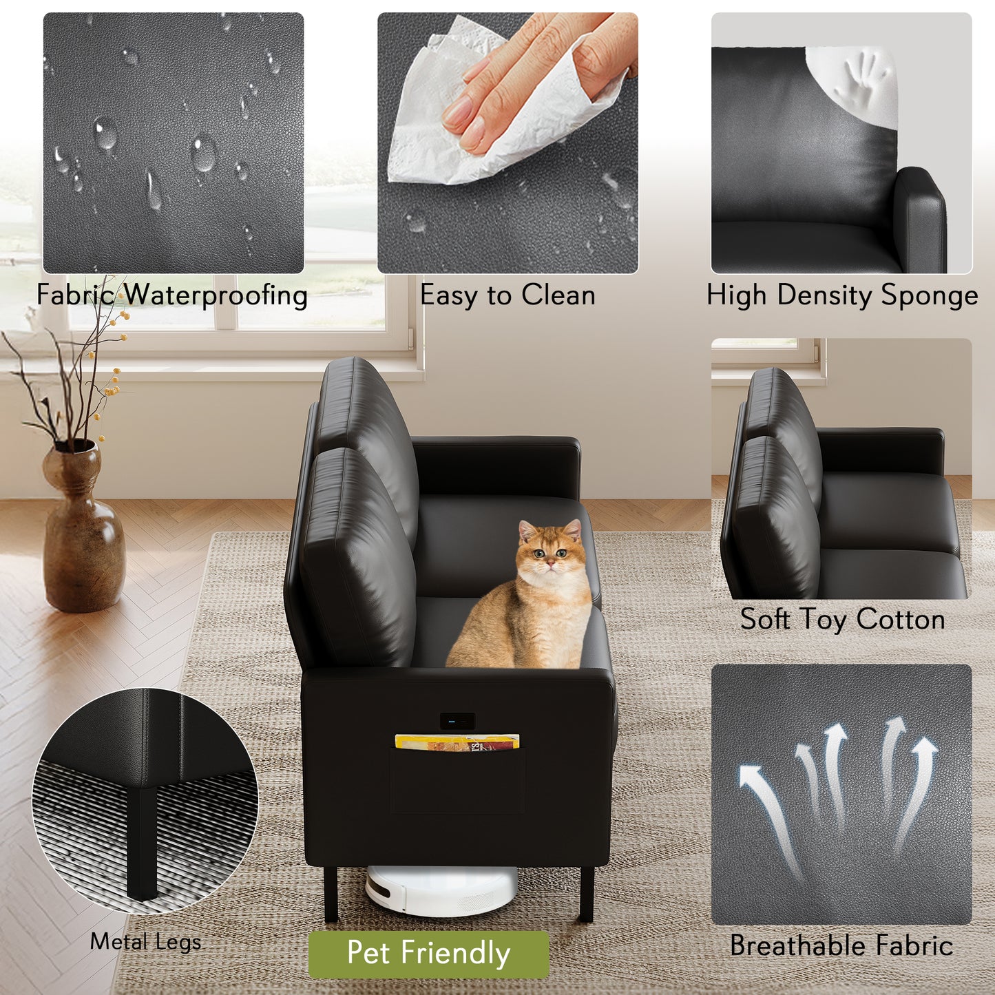 Modern 3-Piece Living Room Set, 56" Faux Leather Couch Set with USB Ports, Office Couch and Chairs for Small Space, Apartment Sofa and Loveseat Set (Black, 2 Chairs + 1 Loveseat)