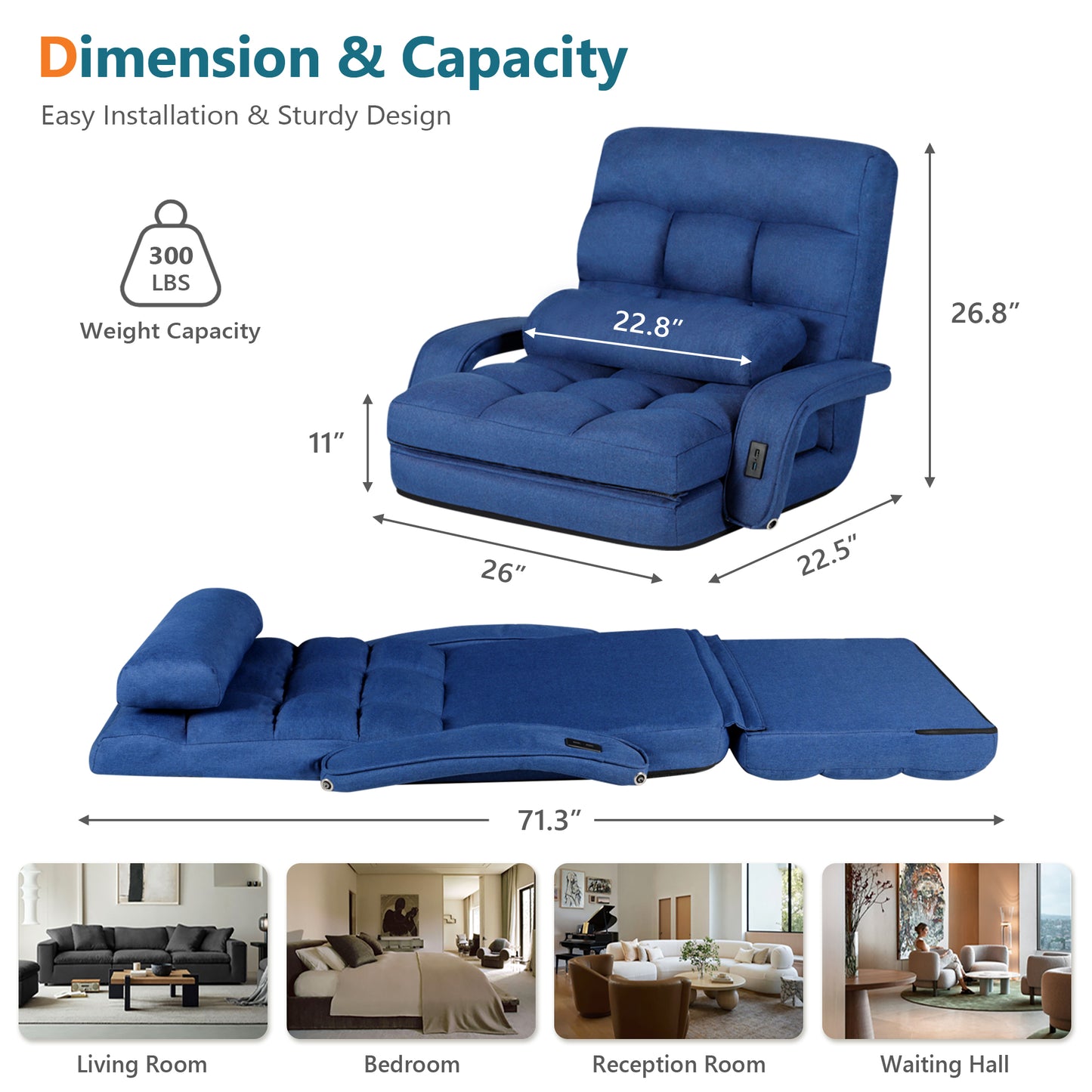 STHOUYN Comfy Floor Chair, Gaming Lounge Couch Chair Bed with 2 USB Charger & 5-Position Adjustable Back, Lazy Folding Sofa Bed, Convertible Sleeper Chair for Living Room, Bedroom, Dorm (Blue)