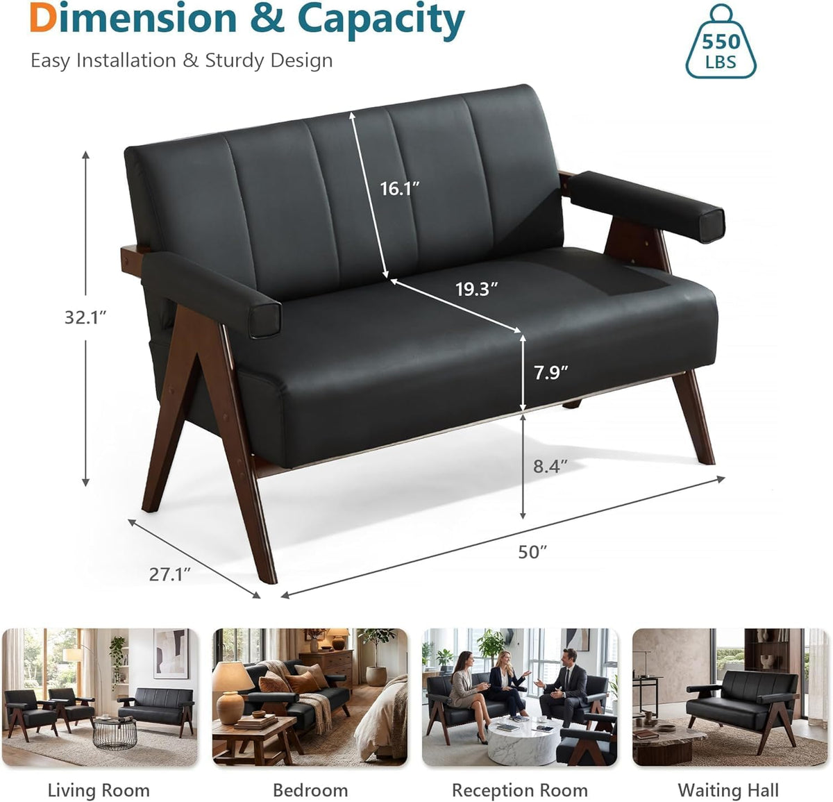 STHOUYN 50" Small Black Faux Leather Sofa Couch, Wooden Loveseat for Office