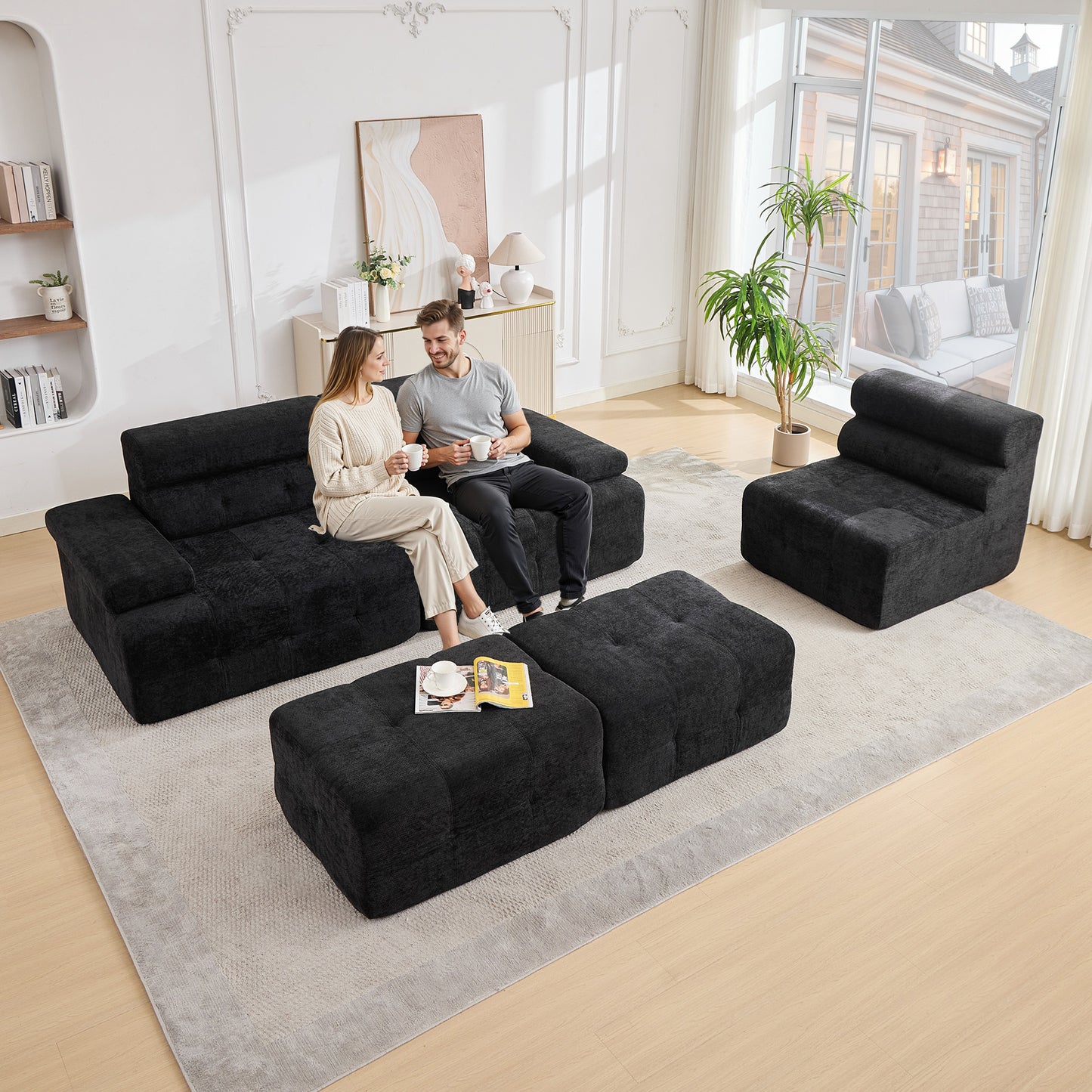 STHOUYN 100" Modular Cloud Sofa Sectional Couch with Ottoman & Higher Backrest, Modern Boneless Couches for Living Room Set Corner Sofa (Black, 99 Inches)