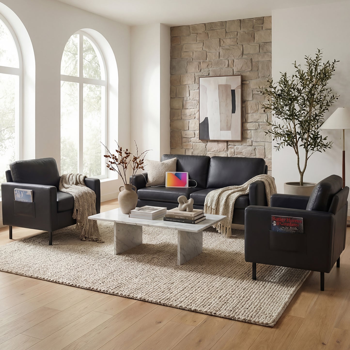 Modern 3-Piece Living Room Set, 56" Faux Leather Couch Set with USB Ports, Office Couch and Chairs for Small Space, Apartment Sofa and Loveseat Set (Black, 2 Chairs + 1 Loveseat)