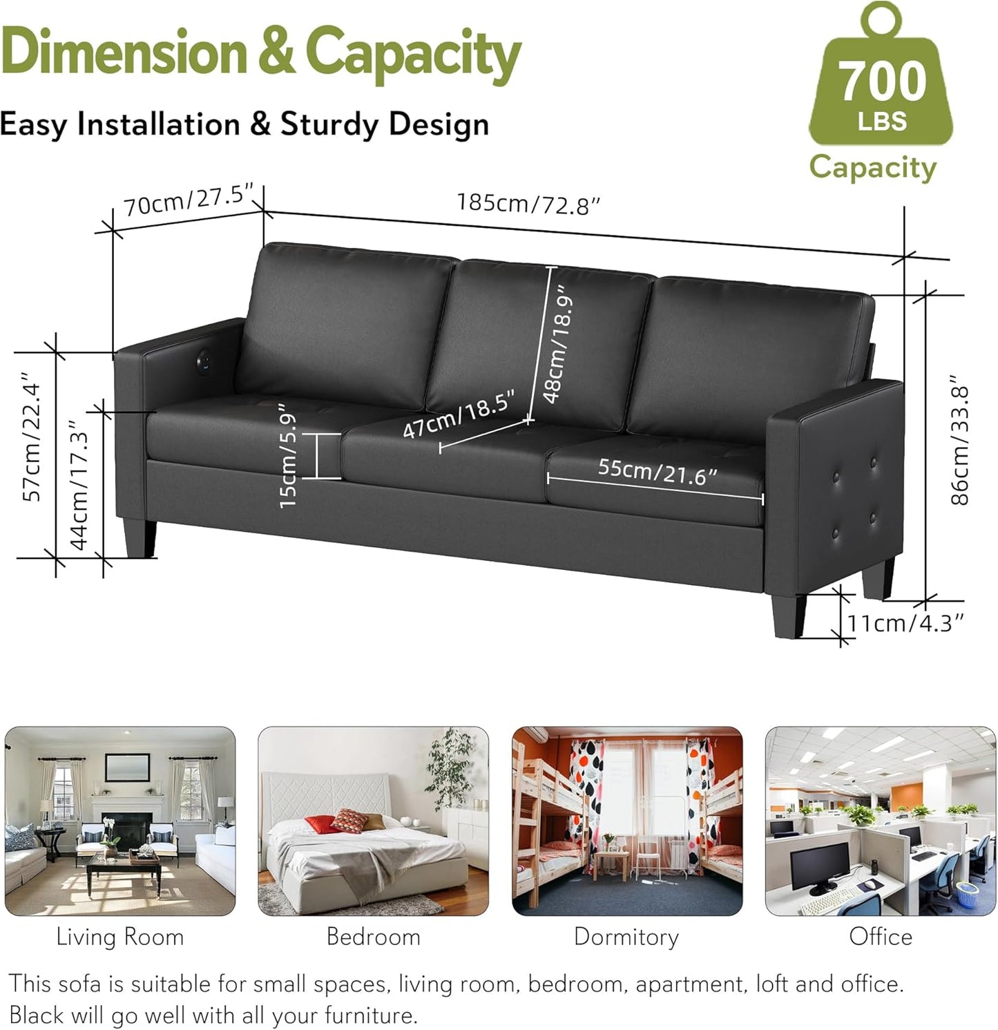 STHOUYN 73” Black Leather Couch, Modern Comfy Office 3 Seater Sofa Couch with Tufted Armrest and USB, Small Love Seat Couches for Living Room, Apartment, Bedroom