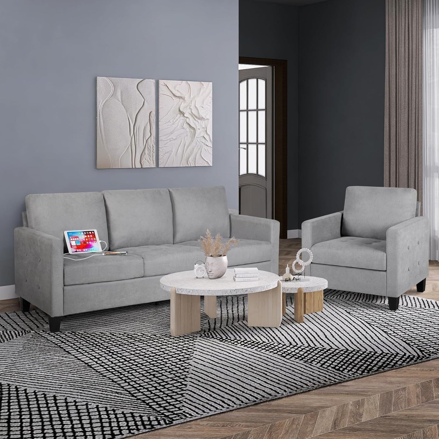 STHOUYN 73" W 3 Seater Couch with USB Ports, Grey Comfy Sofa Couches for Small Spaces, Mid Century Modern Couch Loveseat for Living Room, Bedroom, Apartment (Light Grey)