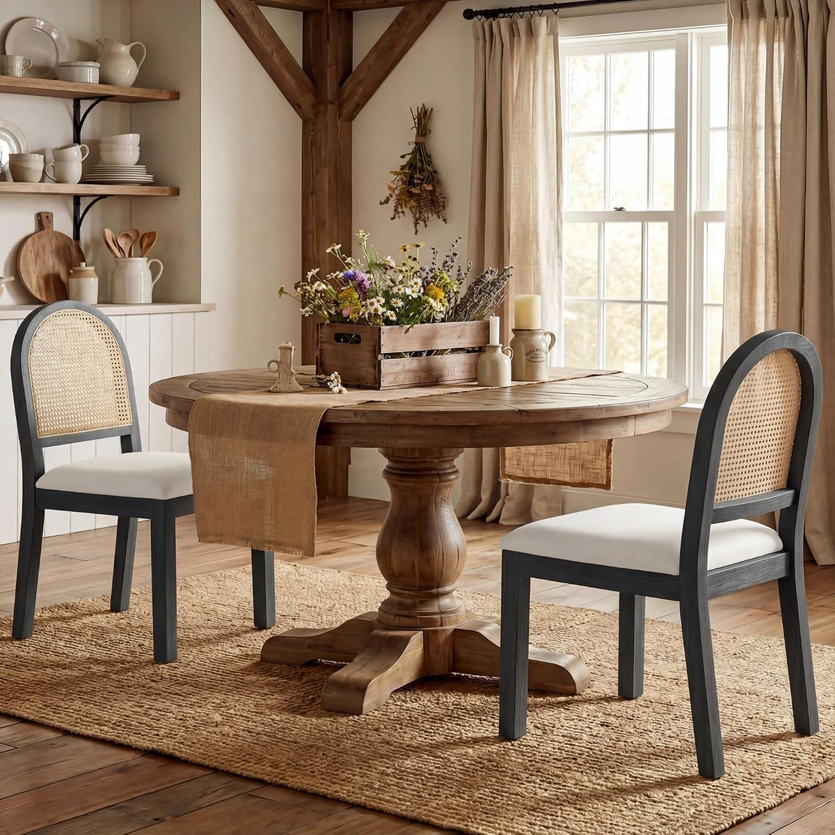 STHOUY Upholstered Rattan Dining Chairs Set of 2, Farmhouse Wooden Kitchen Chairs