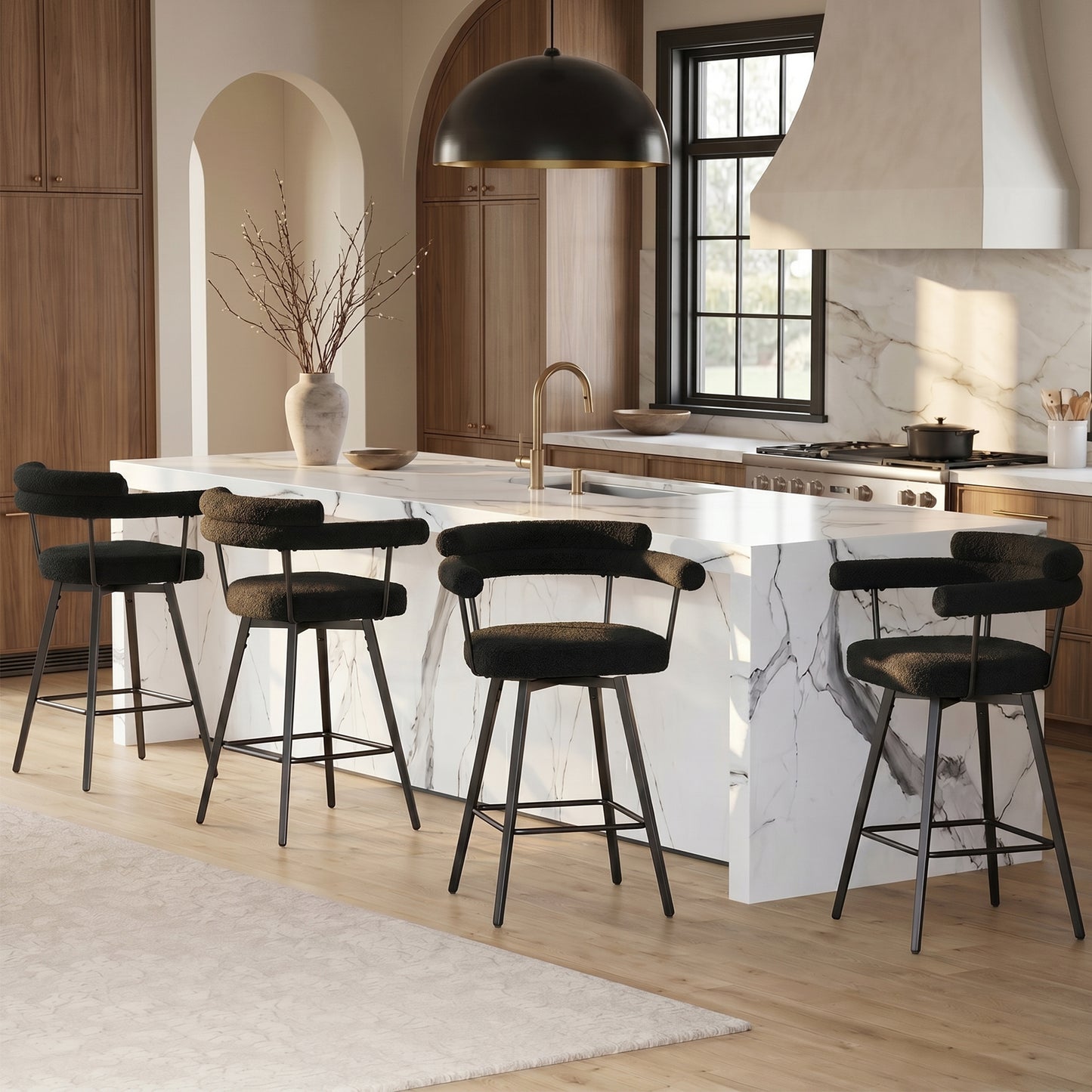 STHOUYN 26” Black Swivel Bar Stools Set of 4, Modern Boucle Counter Height Bar Stools with High Back and Metal Legs, Upholstered Bar Chairs Barstools for Kitchen Island, Dining Room (4, Black)
