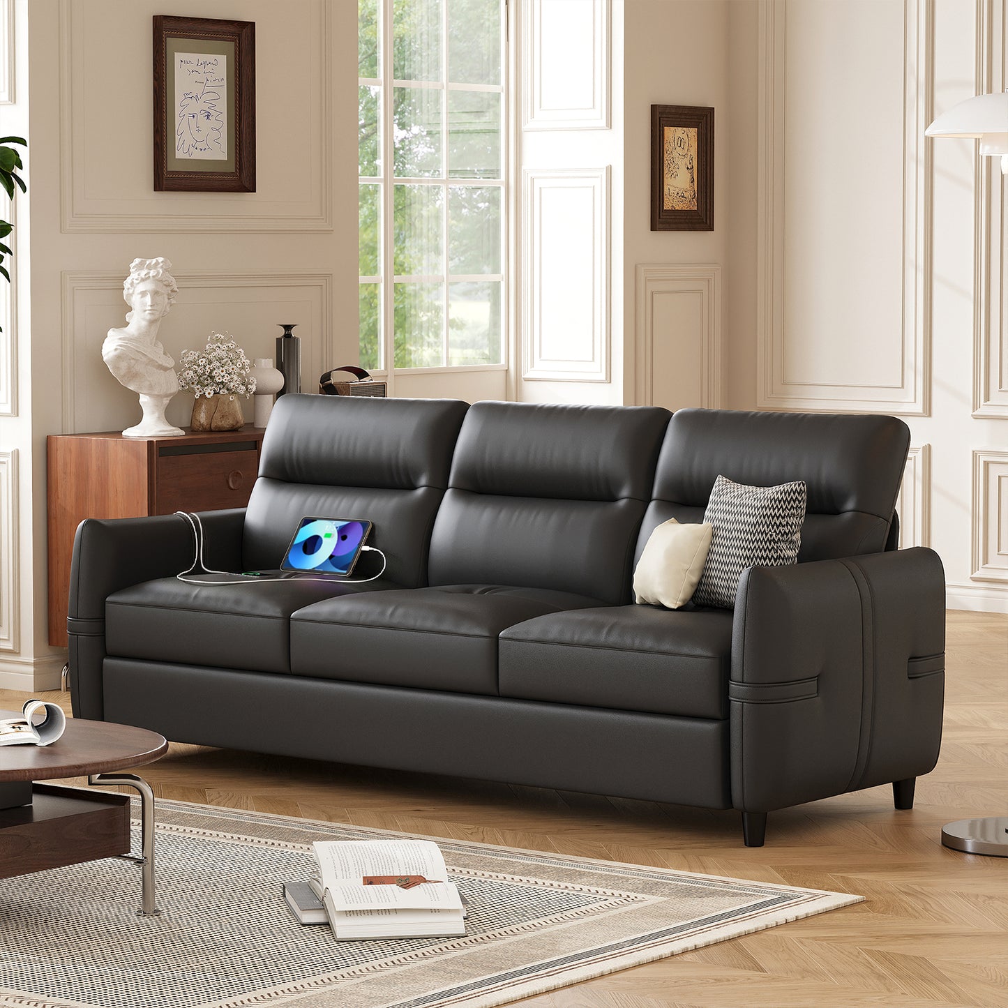 STHOUYN 85” Black Faux Leather Couch with USB, 3 Seater Couch for Living Room, Large Mid Century Modern Office Sofa for Apartment, Bedroom