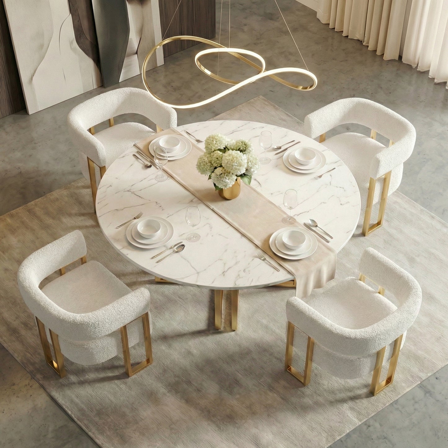 STHOUYN Modern White Boucle Dining Chairs Set of 4 with Gold Metal Legs, Mid Century Barrel Kitchen Chairs Set, Upholstered Accent Armchairs Dining Room Set, Living Room, Apartment (White, 4pcs)