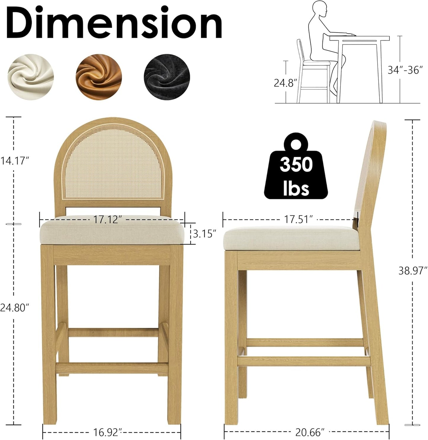 STHOUYN Upholstered Rattan Bar Stools Set of 3, Wooden Counter Height Stools with Natural Rattan Woven Back and Chenille Seat, Mid-Century Modern Barstools Island Chairs for Kitchen