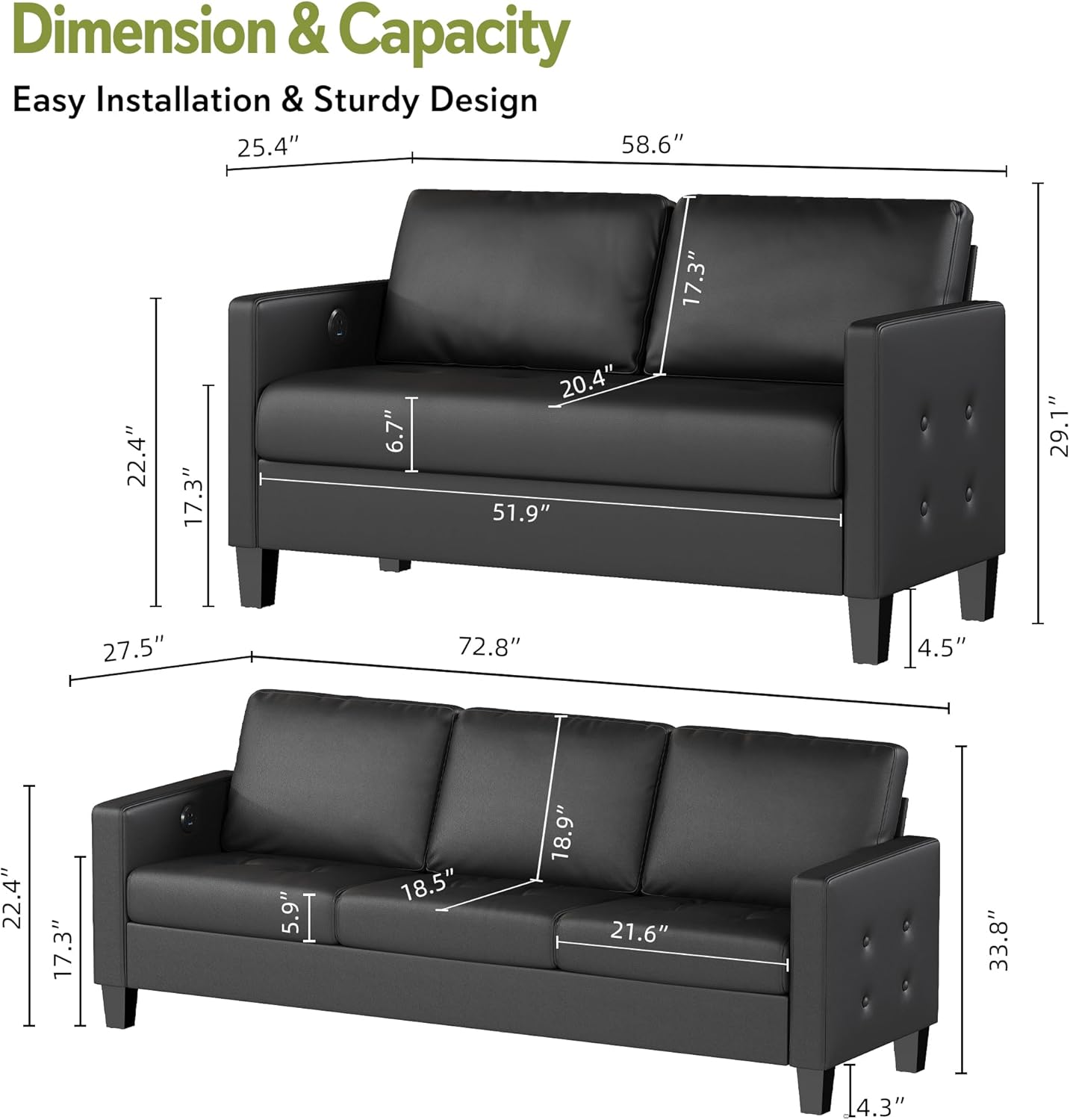 Black Faux Leather 3 Seater Sofa and Loveseat, Furniture Set (3+2)