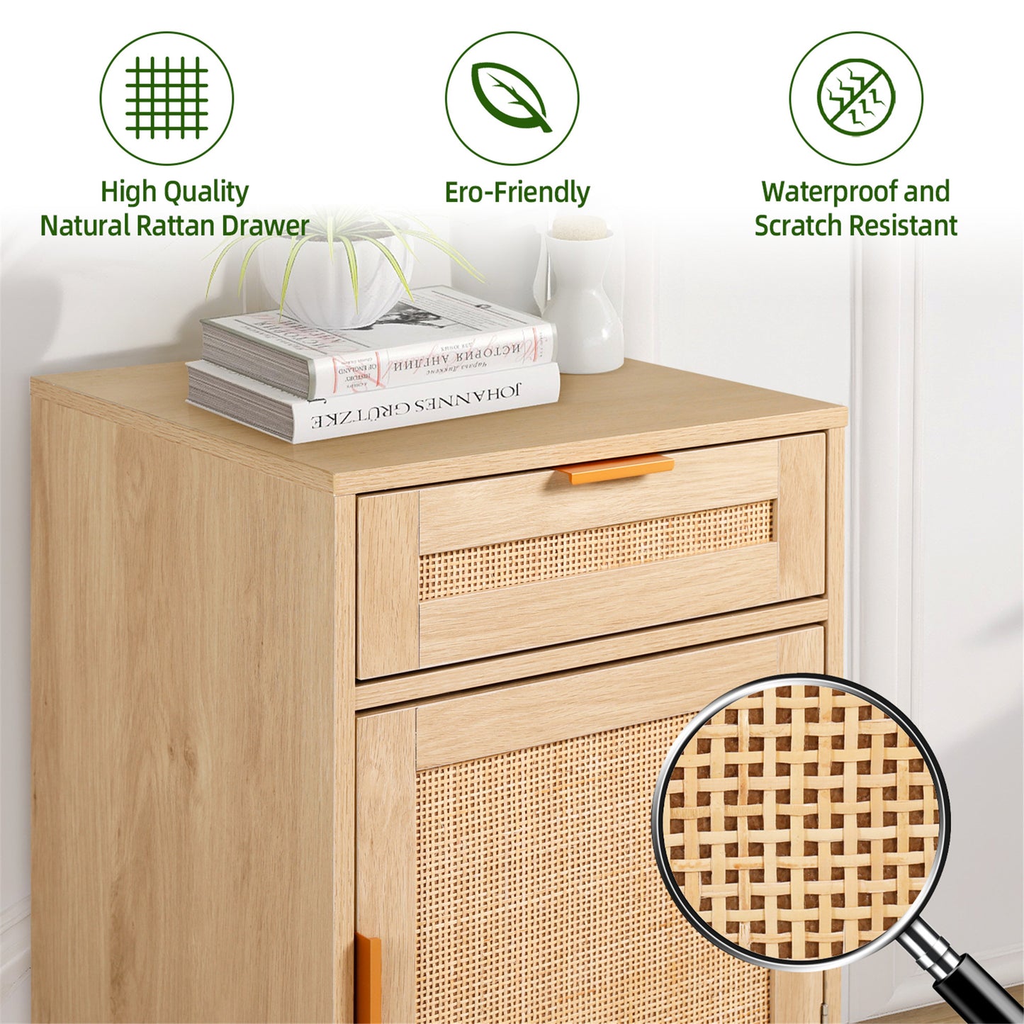 STHOUYN Rattan Nightstand Set of 2 with Drawers, Boho Night Stands Bed Side Tables Bedroom Set of 2, Oak Rattan Nightstands Small Space (Natural Rattan)