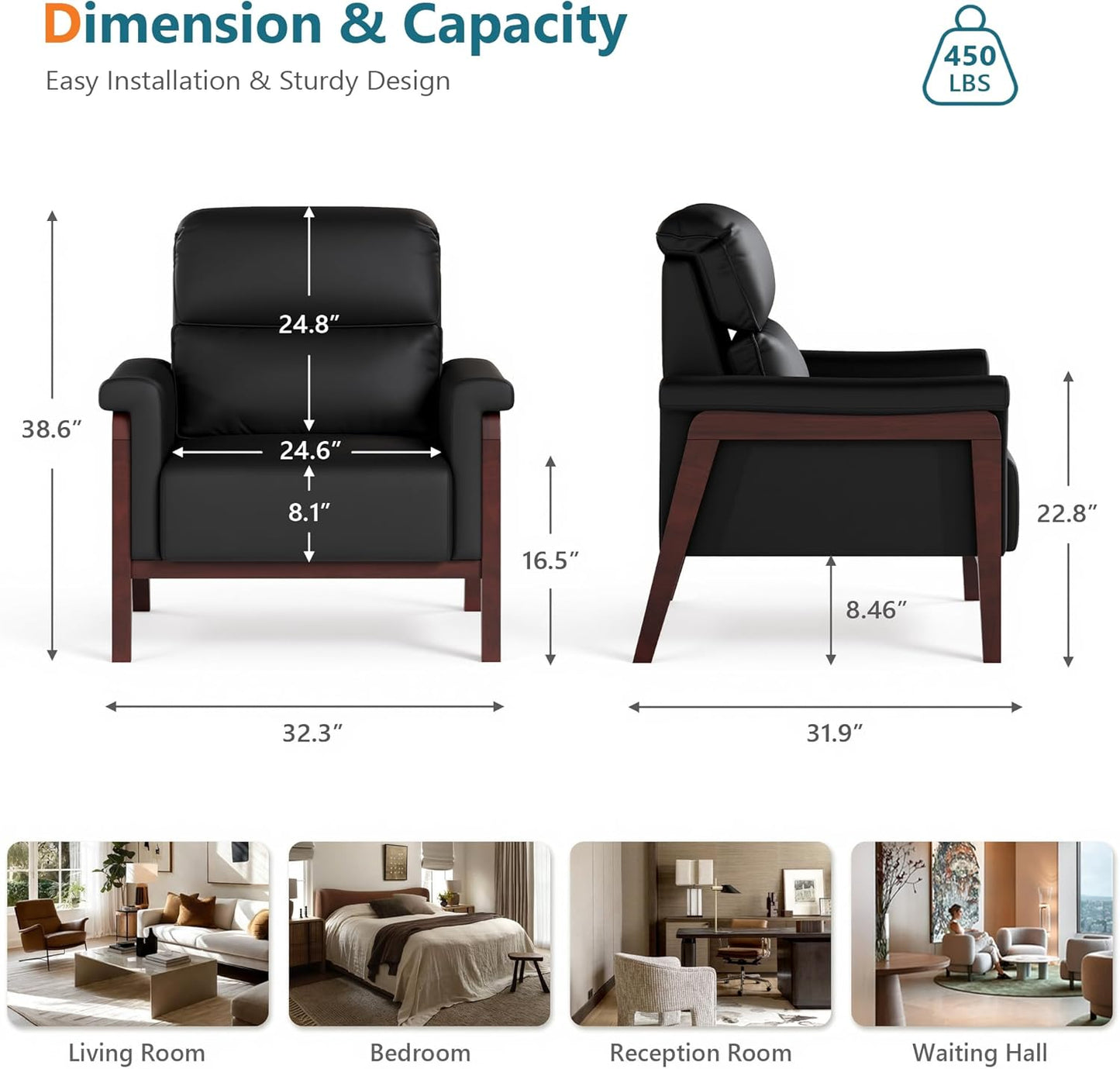 STHOUYN Oversized Leather Accent Chair, Mid Century Modern Office Arm Chair with Solid Wood Legs & High Backrest, Comfy Upholstered Side Sofa Chair for Living Room, Waiting Room, Bedroom (1, Black)