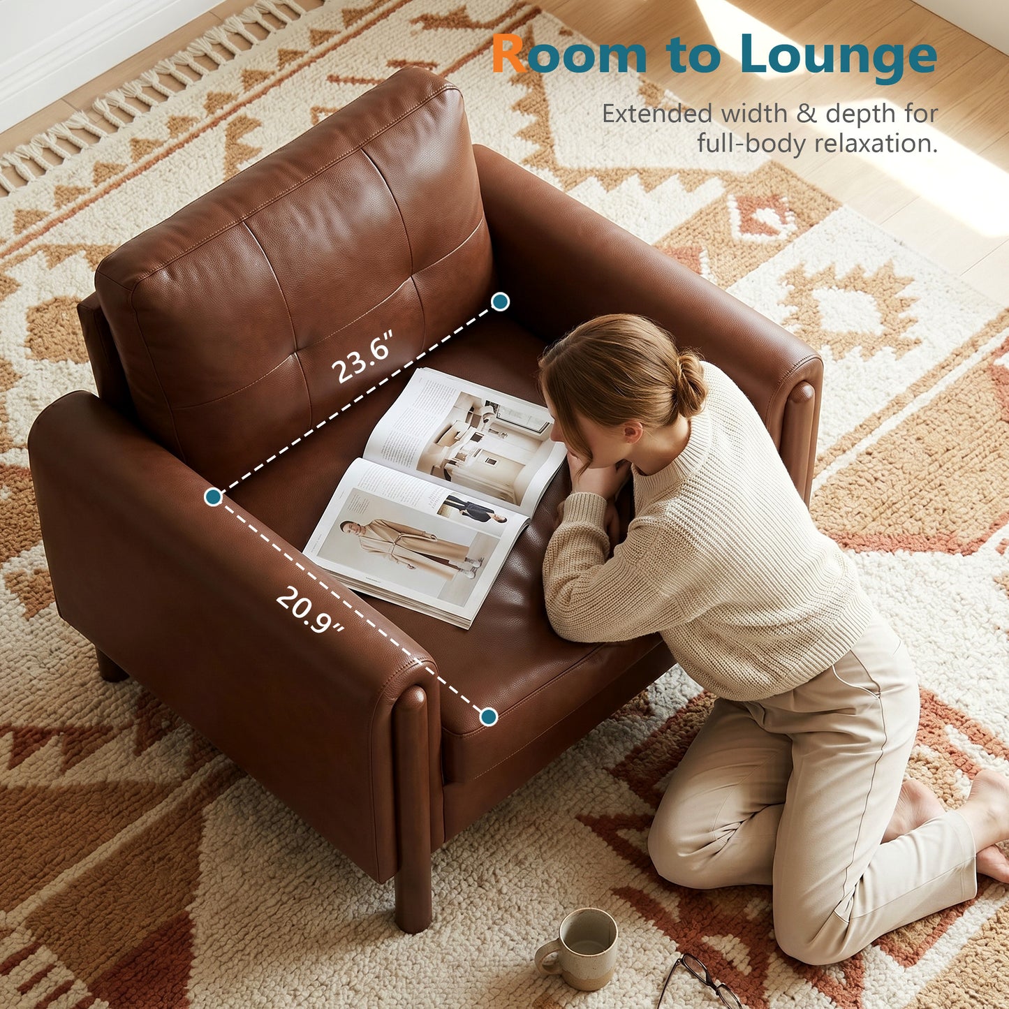 STHOUYN 35" Brown Leather Oversized Accent Chair Set of 2 with Wood Armrests, Mid-Century Modern Tufted Living Room Chair, Comfy Reading Chair with Lumbar Support & Thick Cushion Waiting Room Office