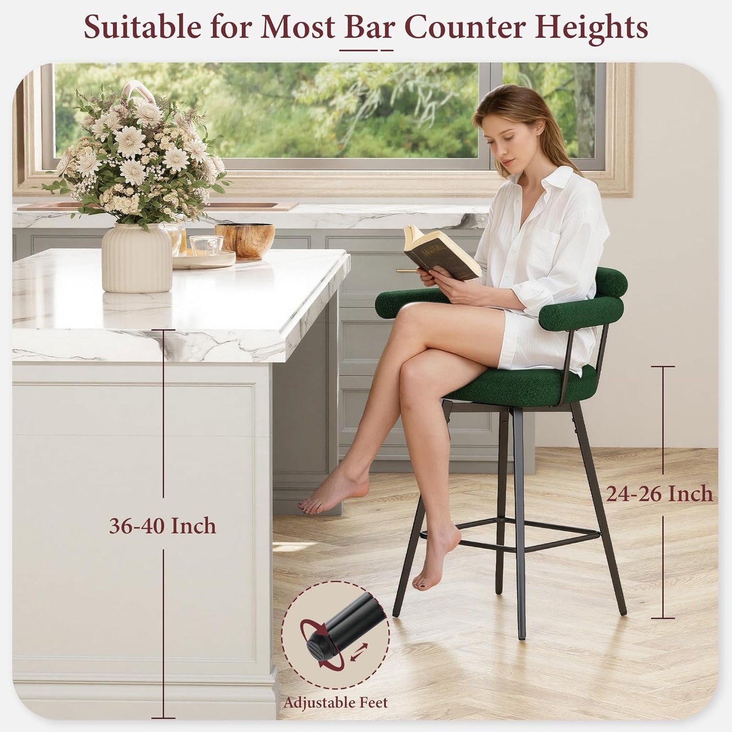 STHOUYN 26” Swivel Bar Stools Set of 4, Green Modern Boucle Counter Height Bar Stools with High Back and Metal Legs, Upholstered Bar Chairs Barstools for Kitchen Island, Dining Room (4, Green)