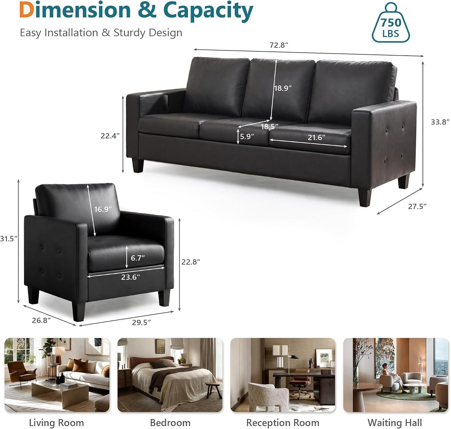 STHOUYN Black Faux Leather 3 Seater Sofa Couch and Accent Chair Set (3+1+1)