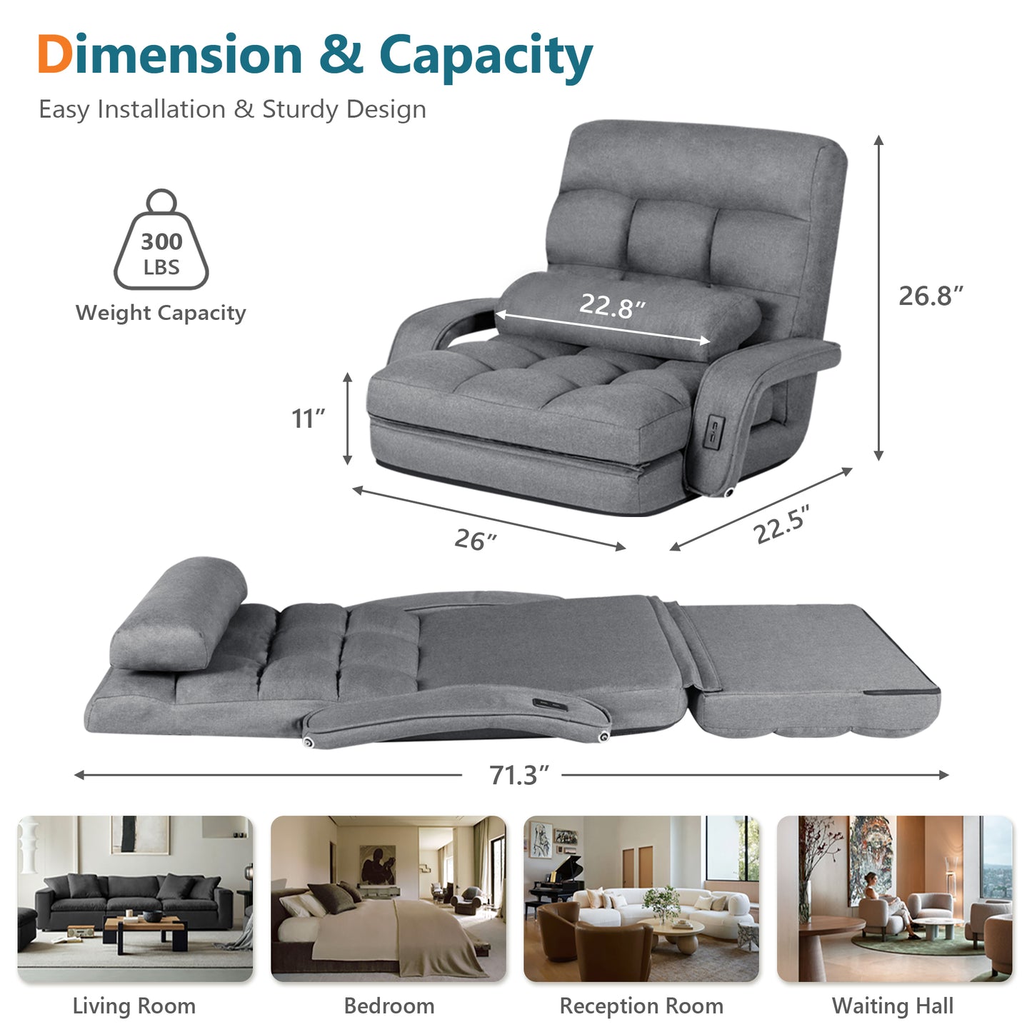 STHOUYN Comfy Floor Chair, Gaming Lounge Couch Chair Bed with 2 USB Charger & 5-Position Adjustable Back, Lazy Folding Sofa Bed, Convertible Sleeper Chair for Living Room, Bedroom, Dorm (Grey)