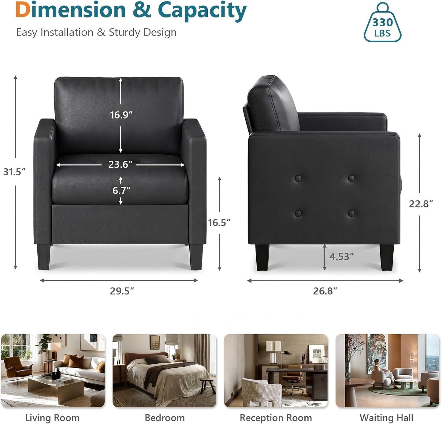 STHOUYN Accent Chairs Set of 2, Faux Leather Living Room Chair, Black, Mid-Century Modern, Tufted Armrest and Seat, Cozy, Office, Reading, Waiting Room, Bedroom
