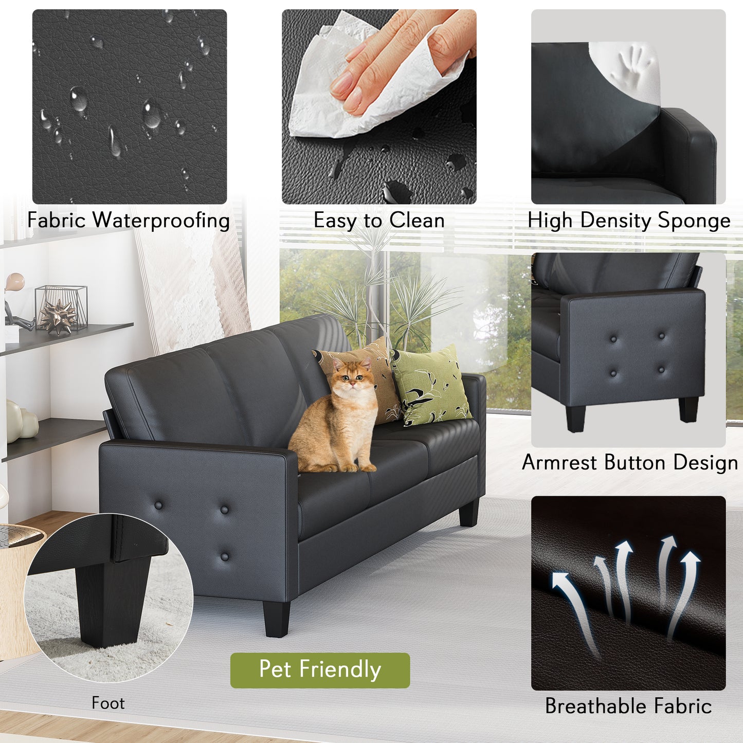 STHOUYN 73” Black Faux Leather Couch, Modern Comfy Office 3 Seater Sofa Couch with Tufted Armrest and USB, Small Love Seat Couches for Living Room, Apartment, Bedroom