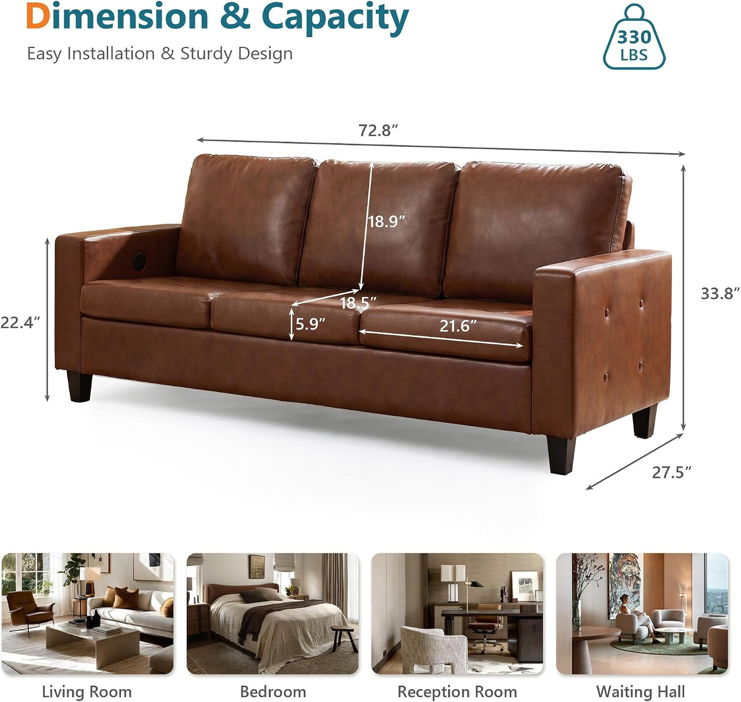 STHOUYN 73” Brown Faux Leather Couch, Tufted Comfy 3 Seater Sofa, Modern, Tufted Armrest, USB Charger, Small, Living Room, Office, Apartment, Bedroom
