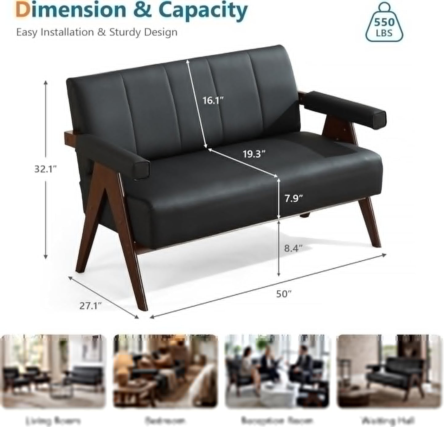 50" Small Black Faux Leather Sofa Couch, Wooden Office Loveseat, STHOUYN, Comfy, Mid Century Modern, Love Seat Bench, Waiting Room, Living Room, Bedroom