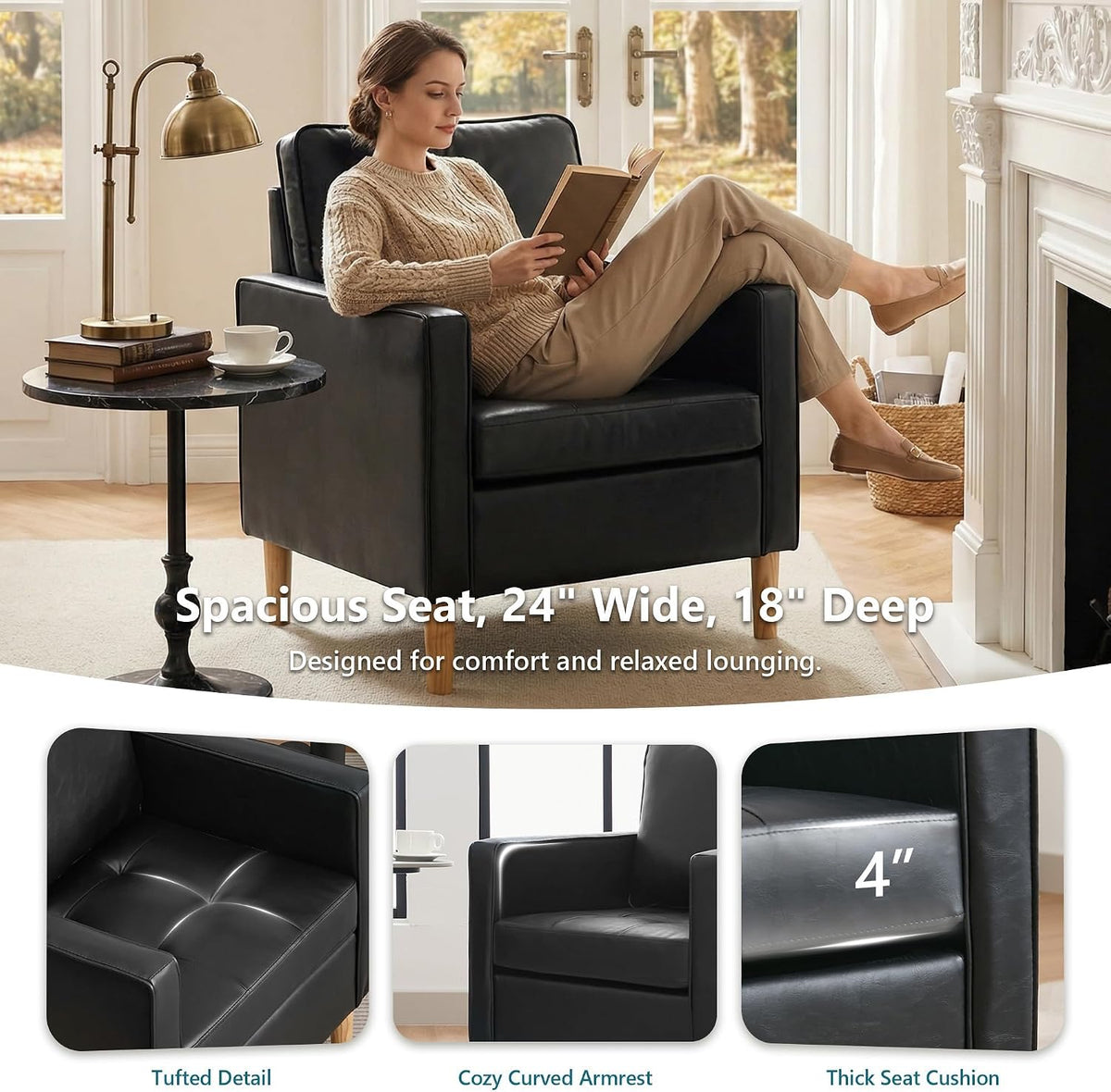 STHOUYN Faux Leather Accent Chair, Mid-Century Modern Armchair for Living Room