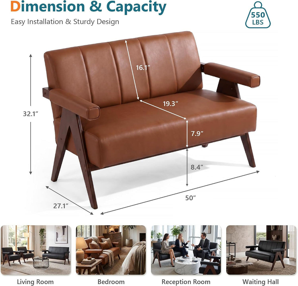 STHOUYN 50" Small Brown Faux Leather Sofa Couch, Wooden Office Loveseat