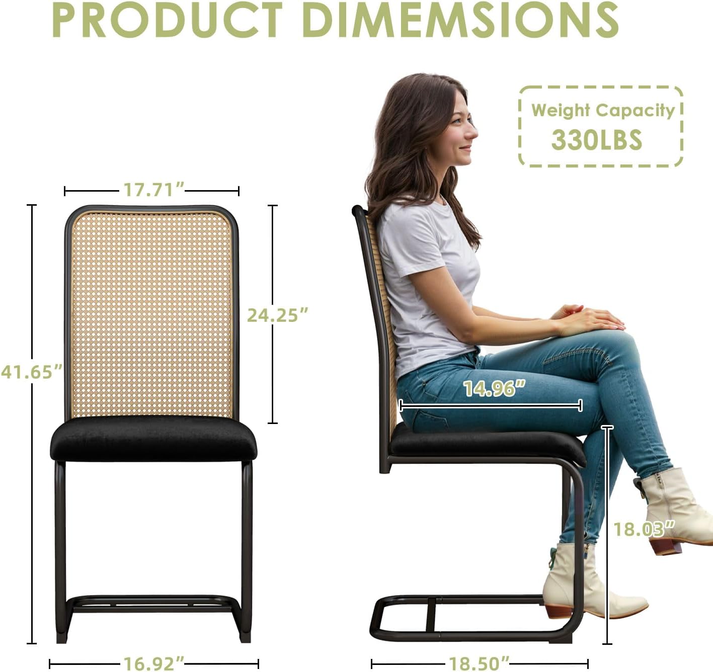 STHOUYN Velvet Rattan Dining Chairs Set of 4, Mid Century Modern Dining Chairs Set of 4, Black Kitchen Chairs Dining Room Chair with Metal Legs & Cane Back