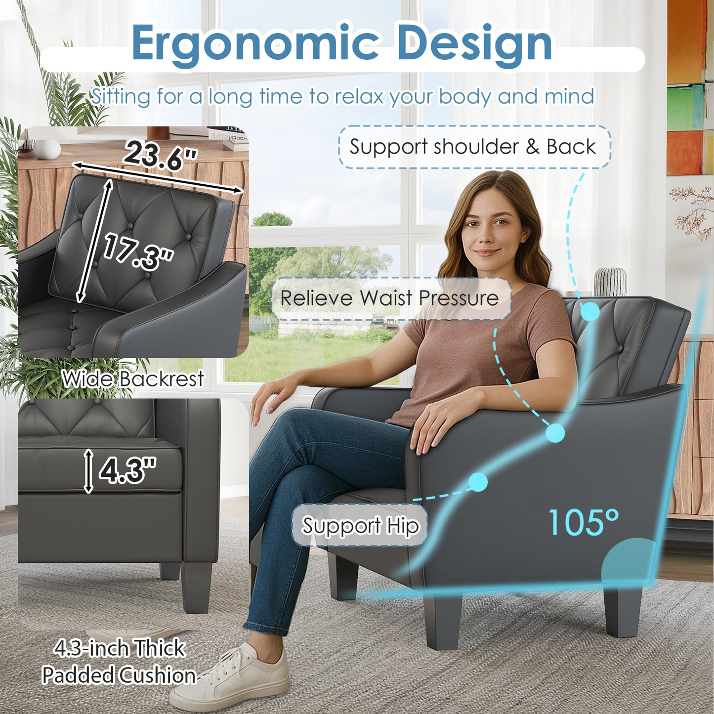 STHOUYN Black Accent Chairs Set of 2, Mid-Century Modern Faux Leather Armchair, Upholstered Living Room Chair Tufted Back, Ergonomic Office Guest Reading Chair Waiting Room, 330LBS Capacity (2, Black)