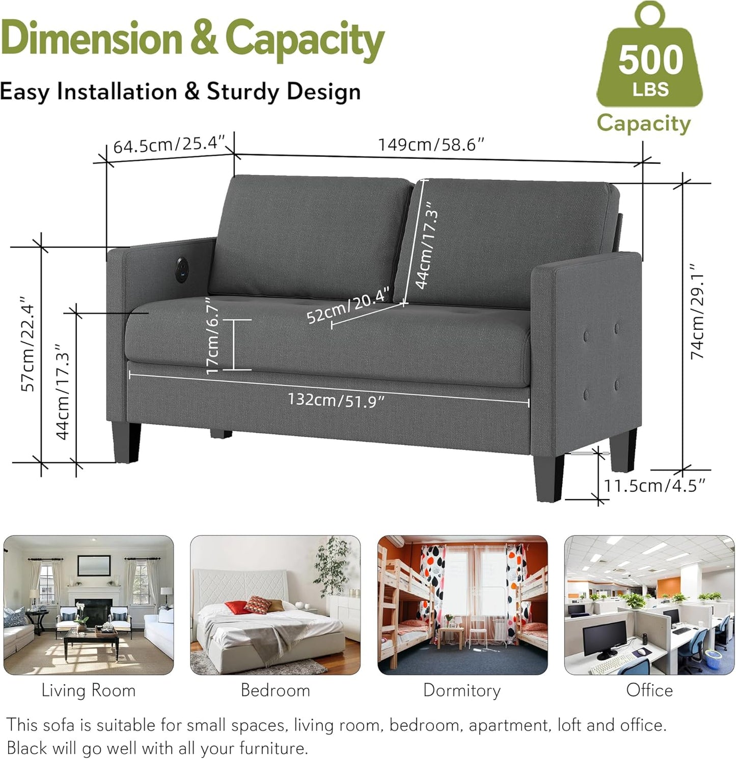 STHOUYN Comfy Loveseat Sofa Small Grey Couch, Small Love Seat Bedroom, Mid Century Modern Couches Living Room Dorm Office, 2 Seater Couch Deep Seat Sofas, 57”W (Dark Grey (Loveseat))