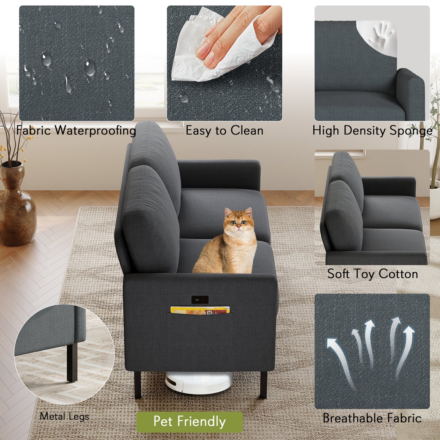 STHOUYN Modern 3-Piece Living Room Set, 56" Grey Sofa Loveseat with USB Ports, Small Couch and Chair Set for Small Space, Apartment, Office (Grey, 2 Chairs + 1 Loveseat)