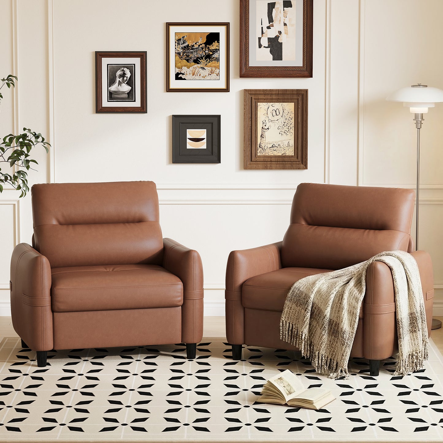 STHOUYN Oversized Leather Accent Chairs for Living Room, Comfy Upholstered Deep Seat Armchair for Adults, Mid Century Modern Arm Chair for Office, Bedroom, Apartment, Reading & Waiting Room (2, Brown)