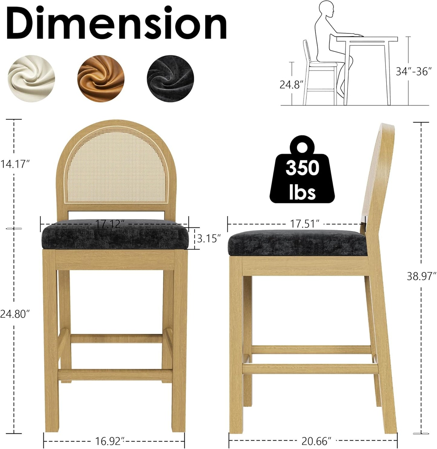 STHOUYN Upholstered Rattan Bar Stools Set of 4, Wooden Counter Height Stools with Natural Rattan Woven Back and Chenille Seat, Mid-Century Modern Island Chairs Barstools for Kitchen (4, Black)