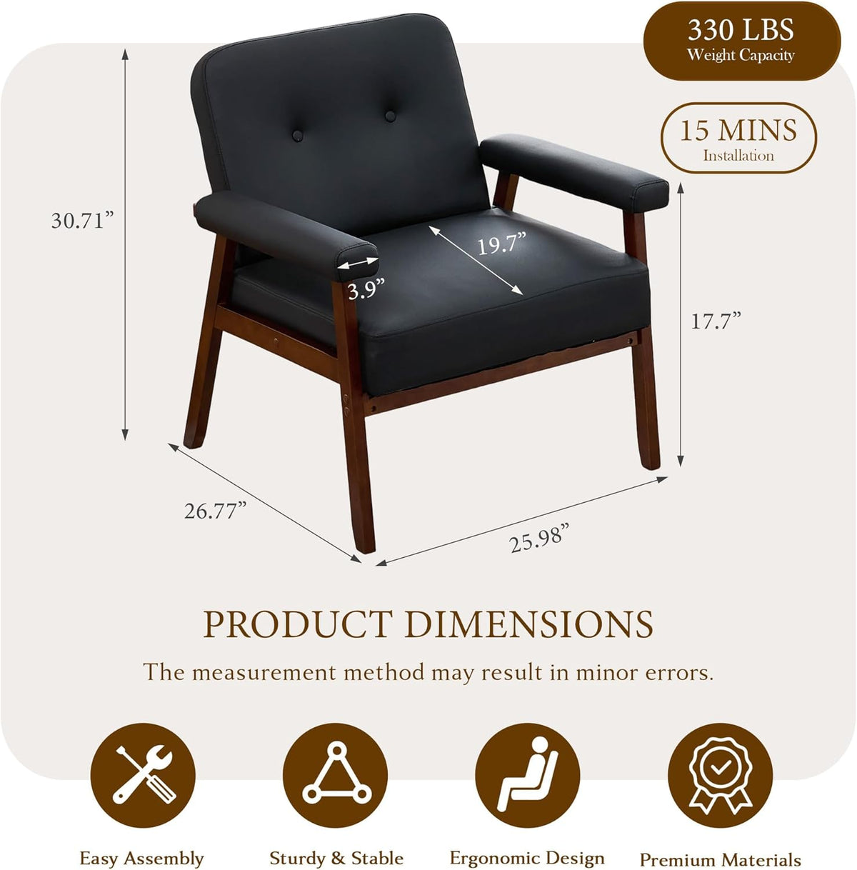 STHOUYN Upholstered Accent Chair, Black Leather Chair with Wooden Legs | Wood Frame, Reading Arm Chair, Mid-Century Modern, Comfy, Living Room, Waiting Room