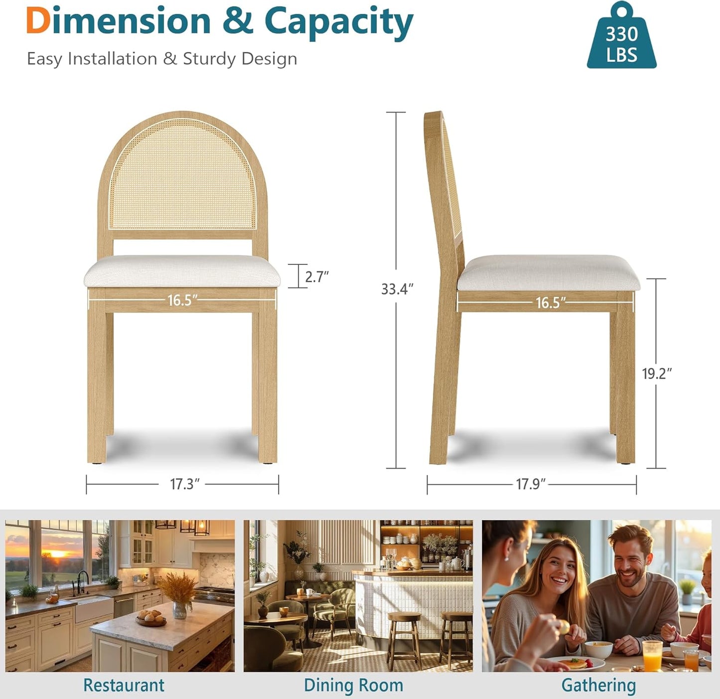 STHOUYN Upholstered Rattan Dining Chairs Set of 6, Farmhouse Solid Wood Dining Room Chair with Natural Rattan Woven Back and Chenille Seat, Mid-Century Modern Wooden Kitchen Chairs (6, Cream White)