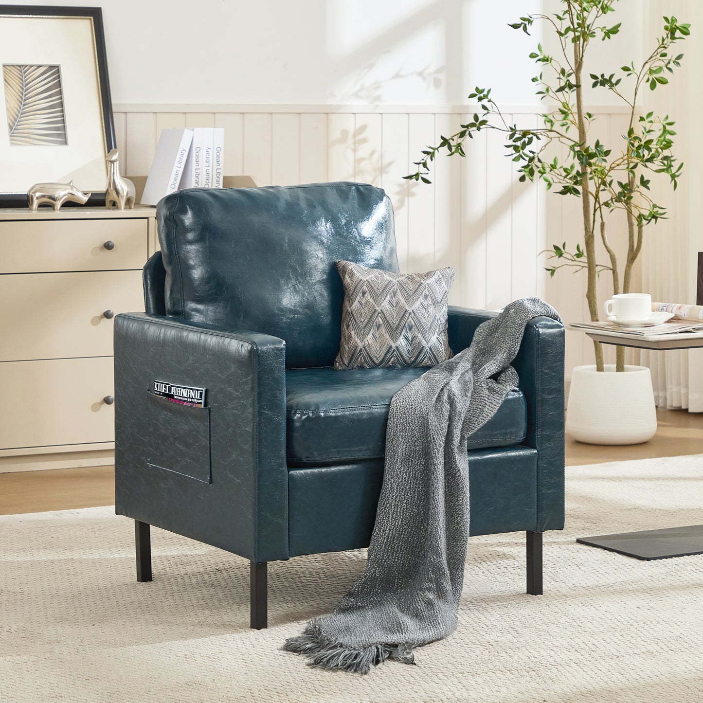 STHOUYN Accent Chairs Set of 2 w/Side Pockets, Faux Leather Chairs w/Wooden Frame, Mid Century Modern Reading Chair for Office, Armchairs for Living Room, Dorm, Apartment (2, Blue)