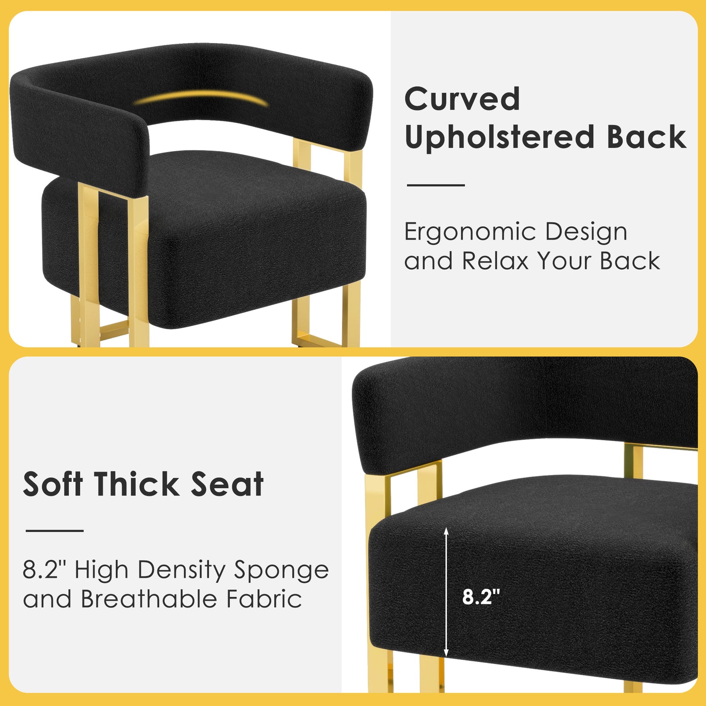 STHOUYN Modern Black Boucle Dining Chairs Set of 4 with Gold Metal Legs, Mid Century Barrel Kitchen Chairs Set, Upholstered Accent Armchairs Dining Room Set, Living Room, Apartment (Black, 4pcs)