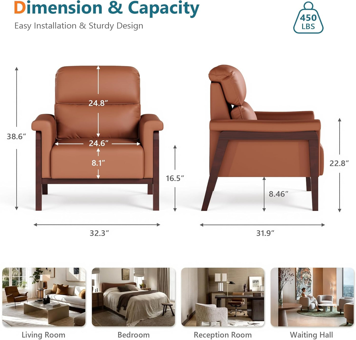 STHOUYN Oversized Leather Accent Chair, Mid Century Modern Office Arm Chair with Solid Wood Legs & High Backrest, Comfy Upholstered Side Sofa Chair for Living Room, Waiting Room, Bedroom (1, Brown)