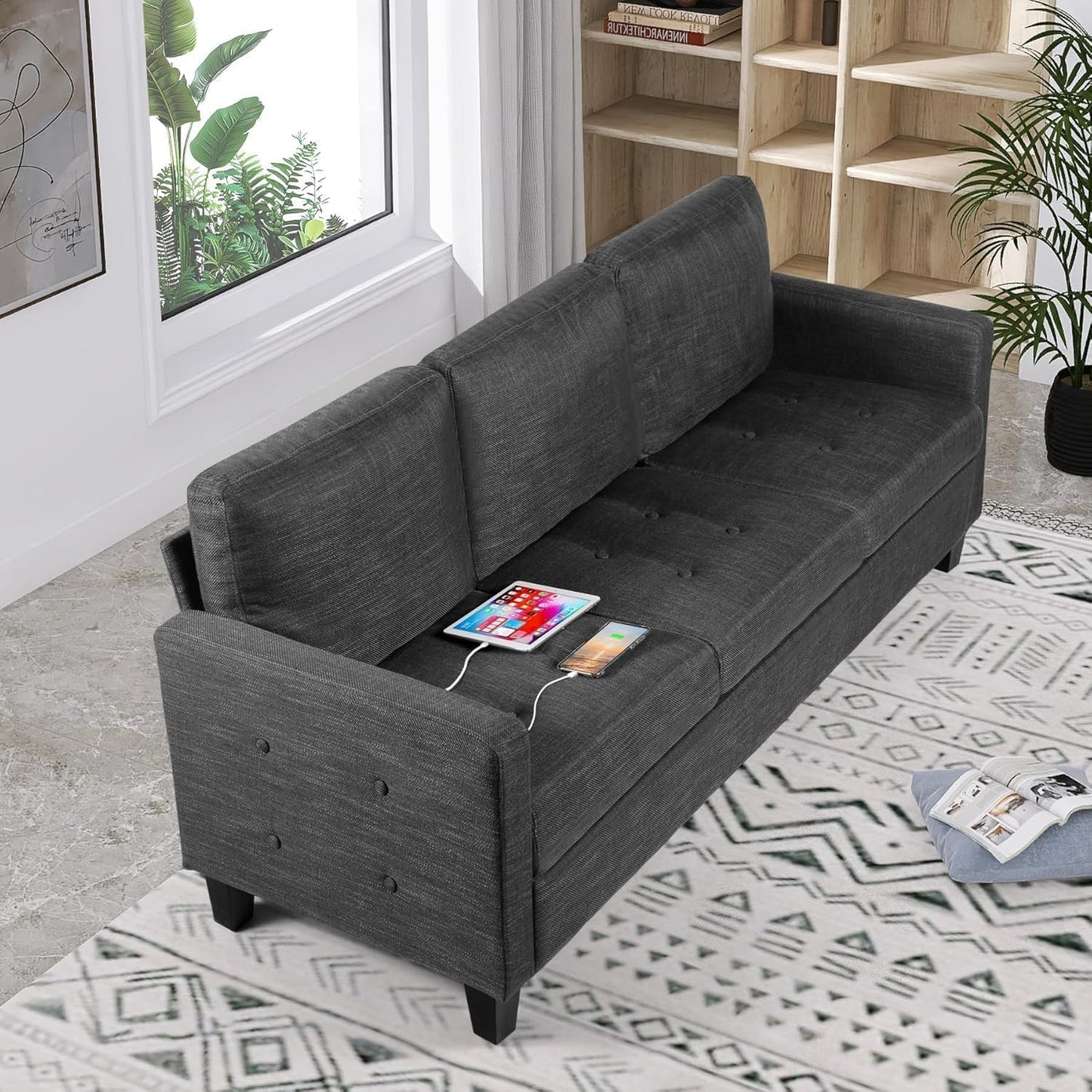 STHOUYN 72" W 3 Seater Couch with USB Ports, Grey Comfy Sofa Couches for Small Spaces, Mid Century Modern Couch Loveseat for Living Room, Bedroom, Apartment (Dark Grey)