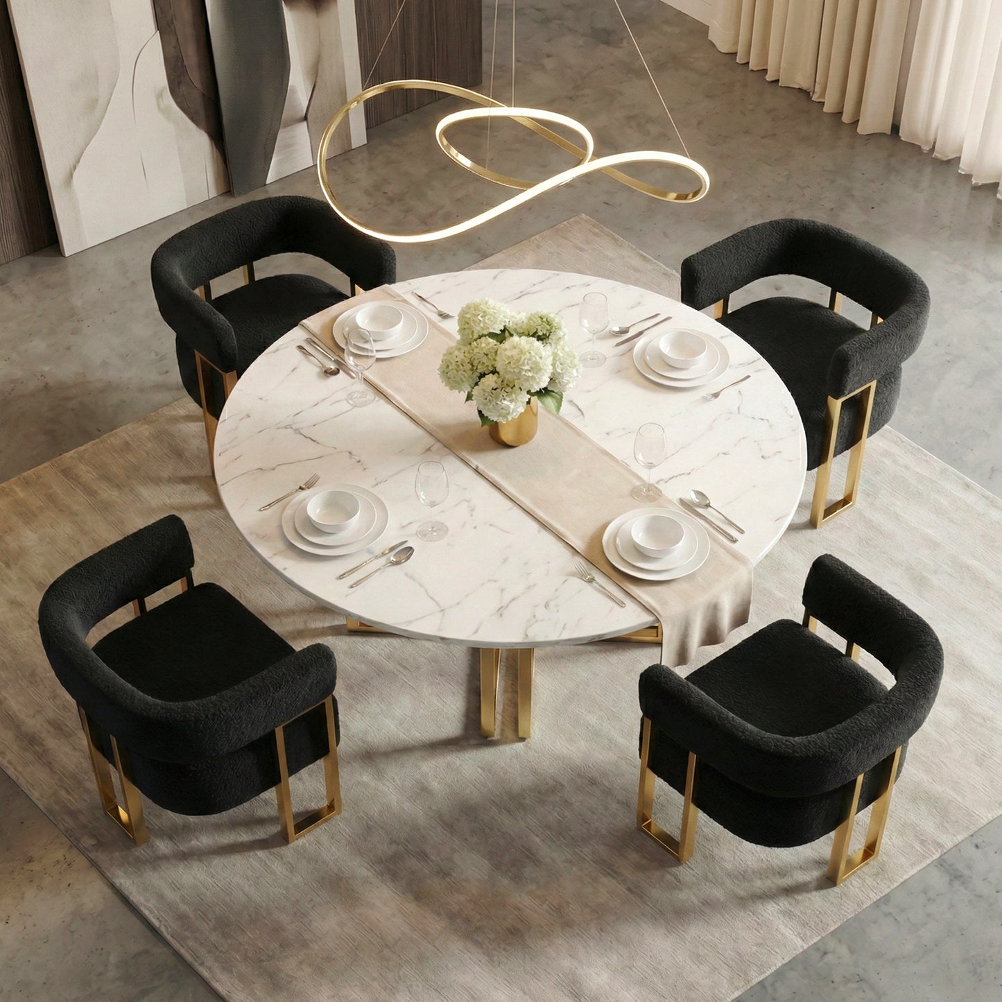 STHOUYN Modern Black Boucle Dining Chairs Set of 4 with Gold Metal Legs, Mid Century Barrel Kitchen Chairs Set, Upholstered Accent Armchairs Dining Room Set, Living Room, Apartment (Black, 4pcs)