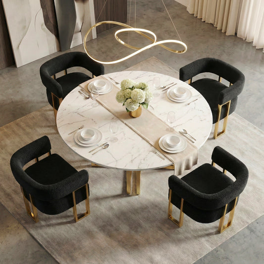 STHOUYN Modern Black Boucle Dining Chairs Set of 4 with Gold Metal Legs, Mid Century Barrel Kitchen Chairs Set, Upholstered Accent Armchairs Dining Room Set, Living Room, Apartment (Black, 4pcs)